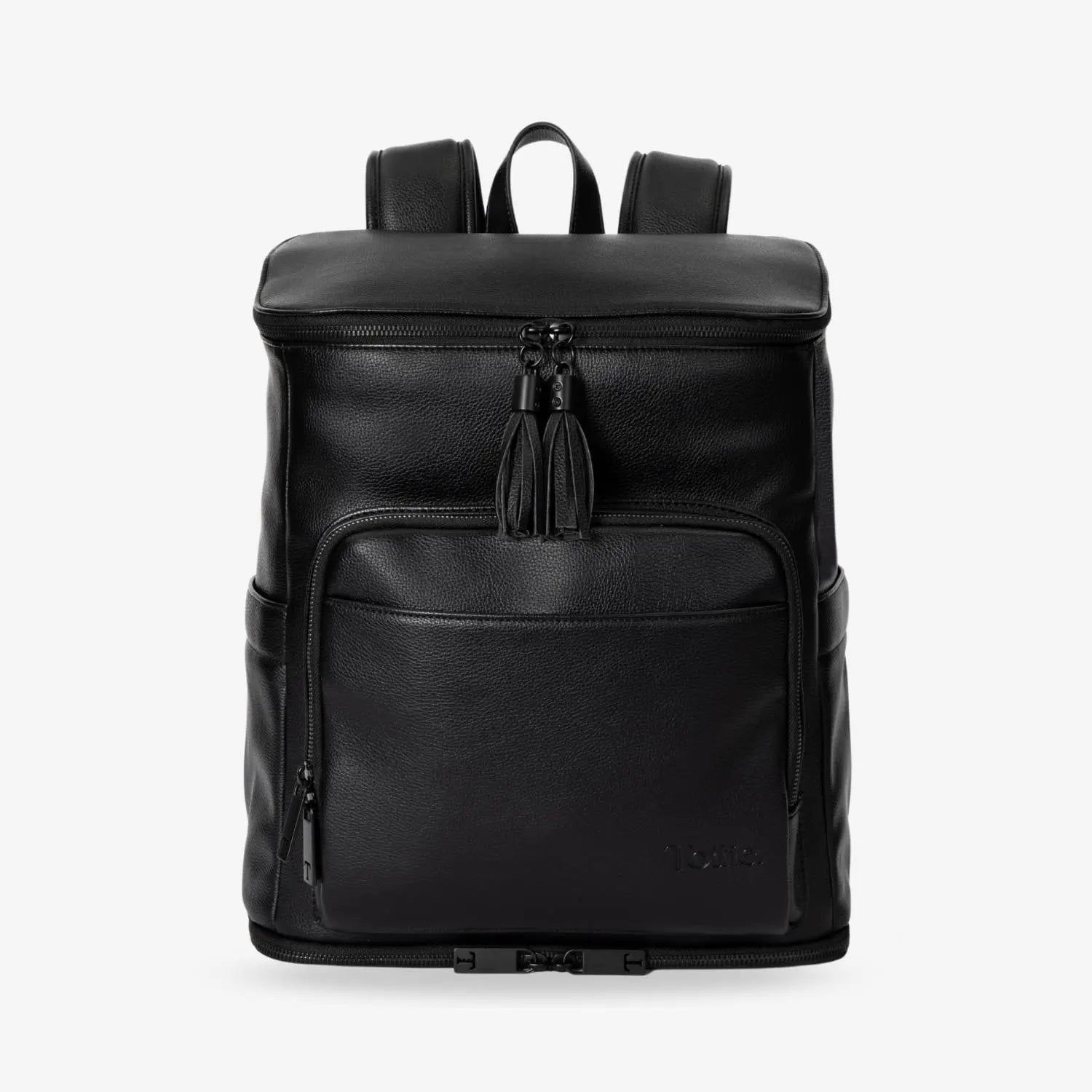 Black nappy bag backpack front view with black hardware on white background – functional and modern design