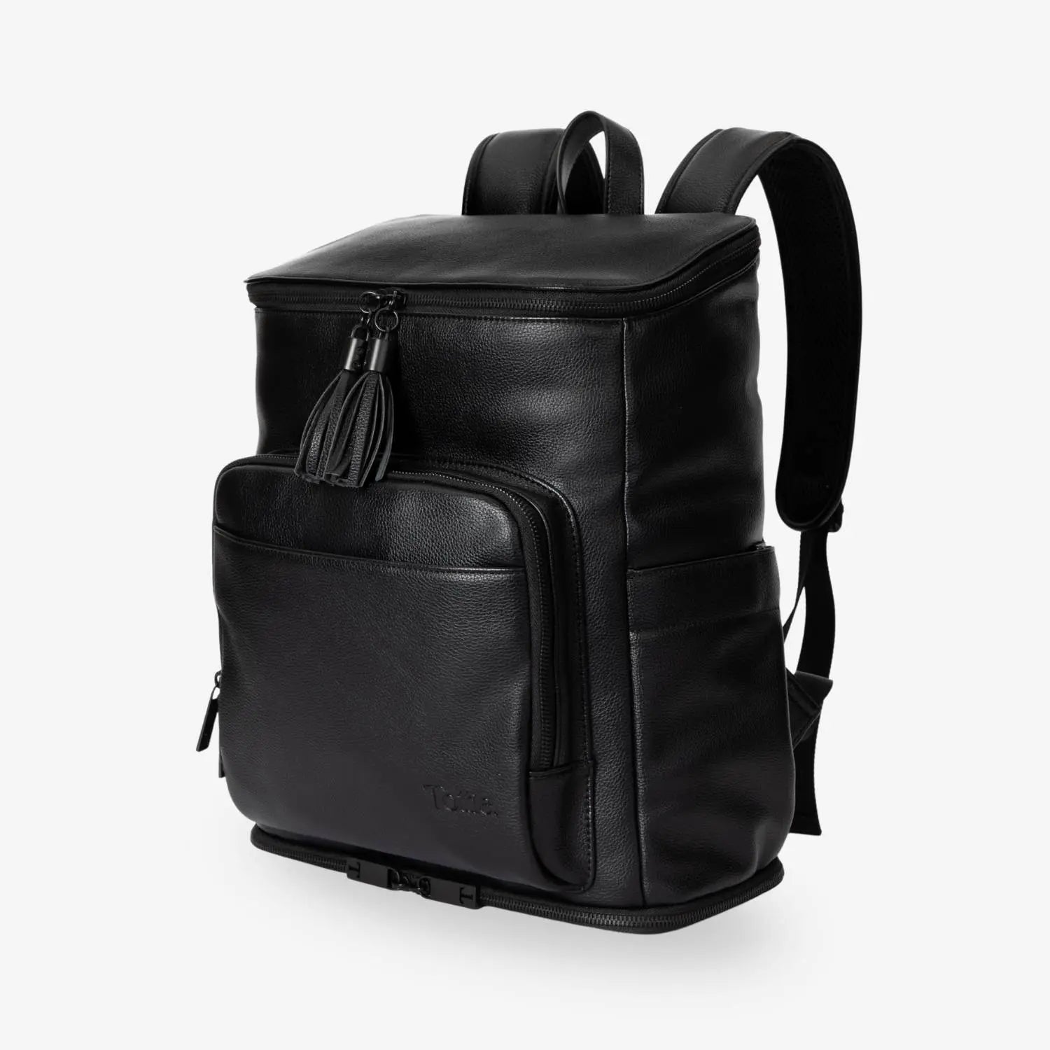 lack nappy bag backpack with black hardware slight side view on white background showing shape and style.