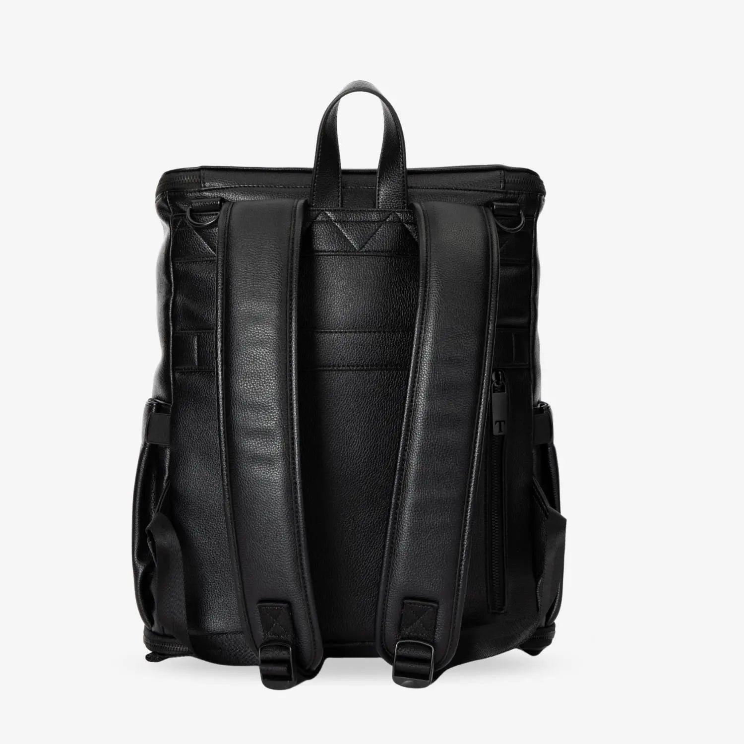 Back view of black nappy bag backpack with black hardware on white background showing adjustable straps.