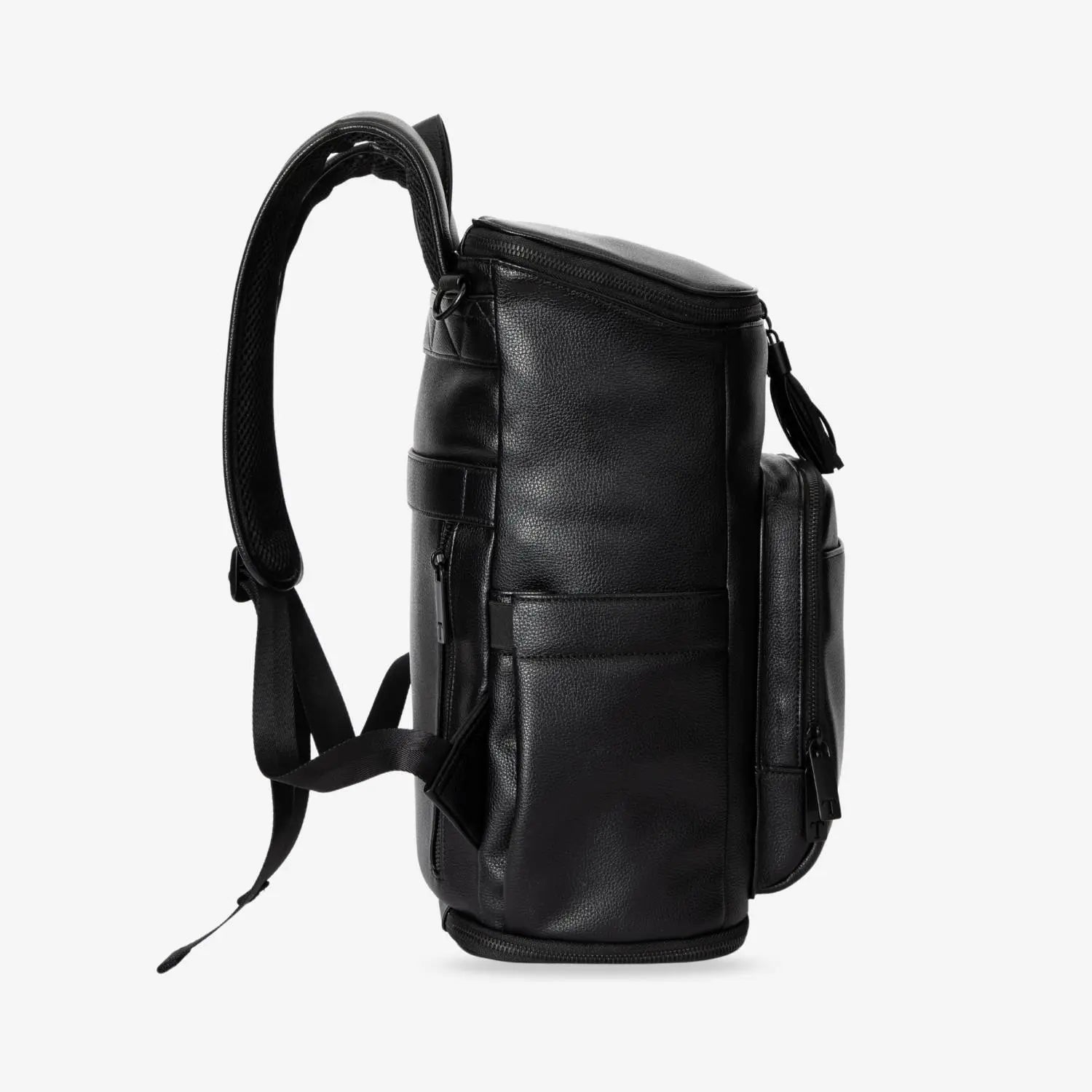 Black nappy bag backpack side view with black hardware against white background – modern and functional.