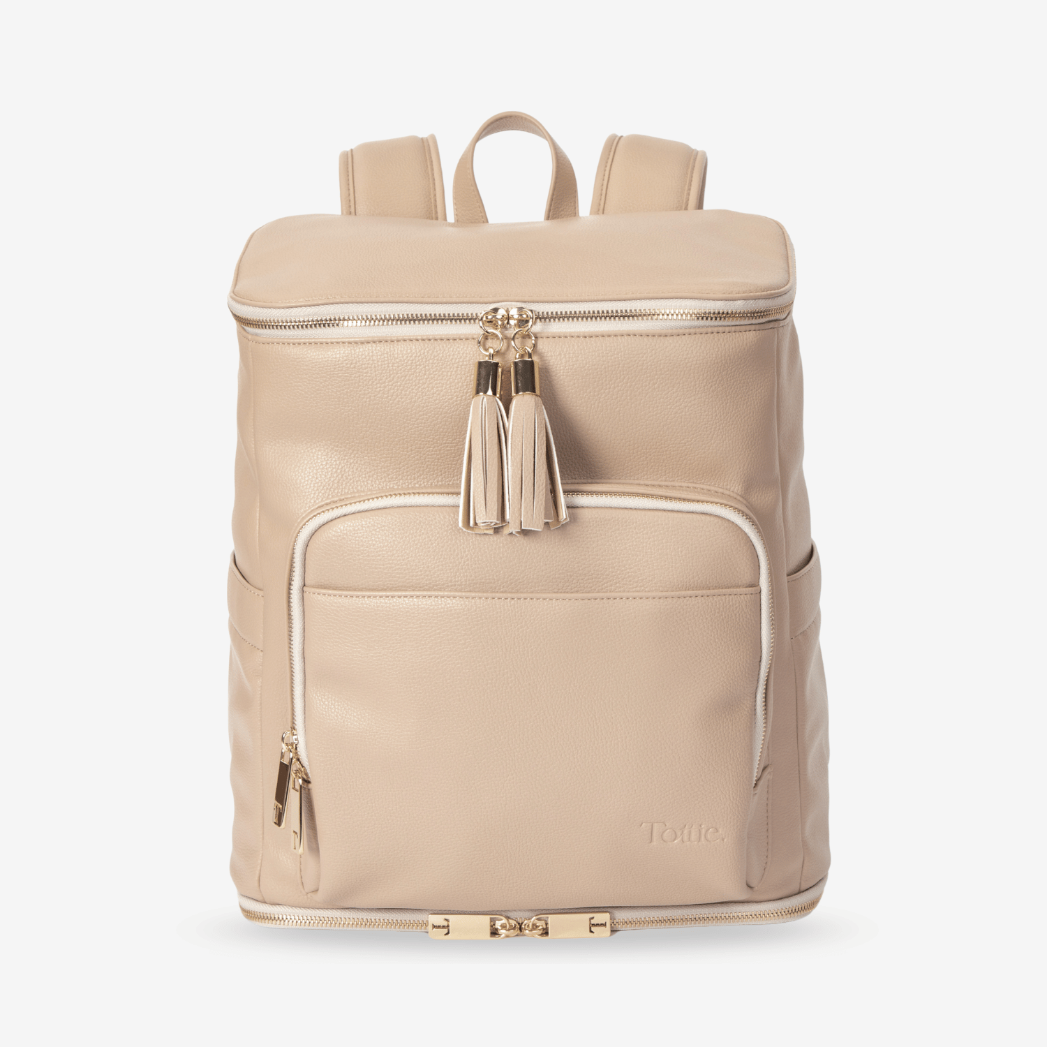 Beige travel backpack with gold zippers and tassels on a white background