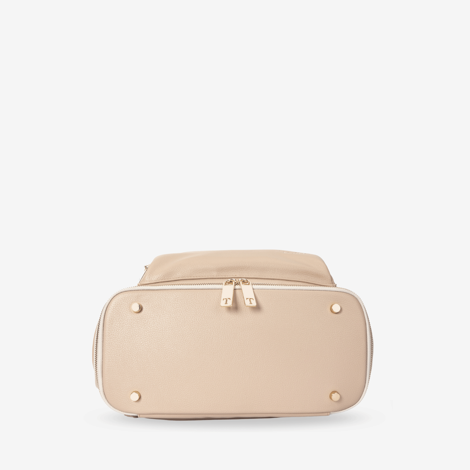 Stone travel backpacks's bottom feet with gold accents on a white background