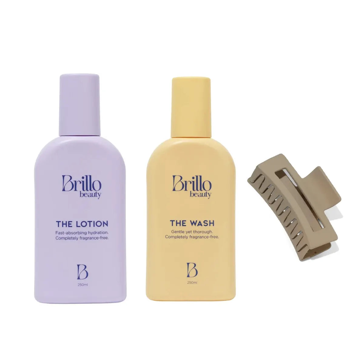 Brillo Beauty wash duo featuring lotion and body wash bottles side by side on white background