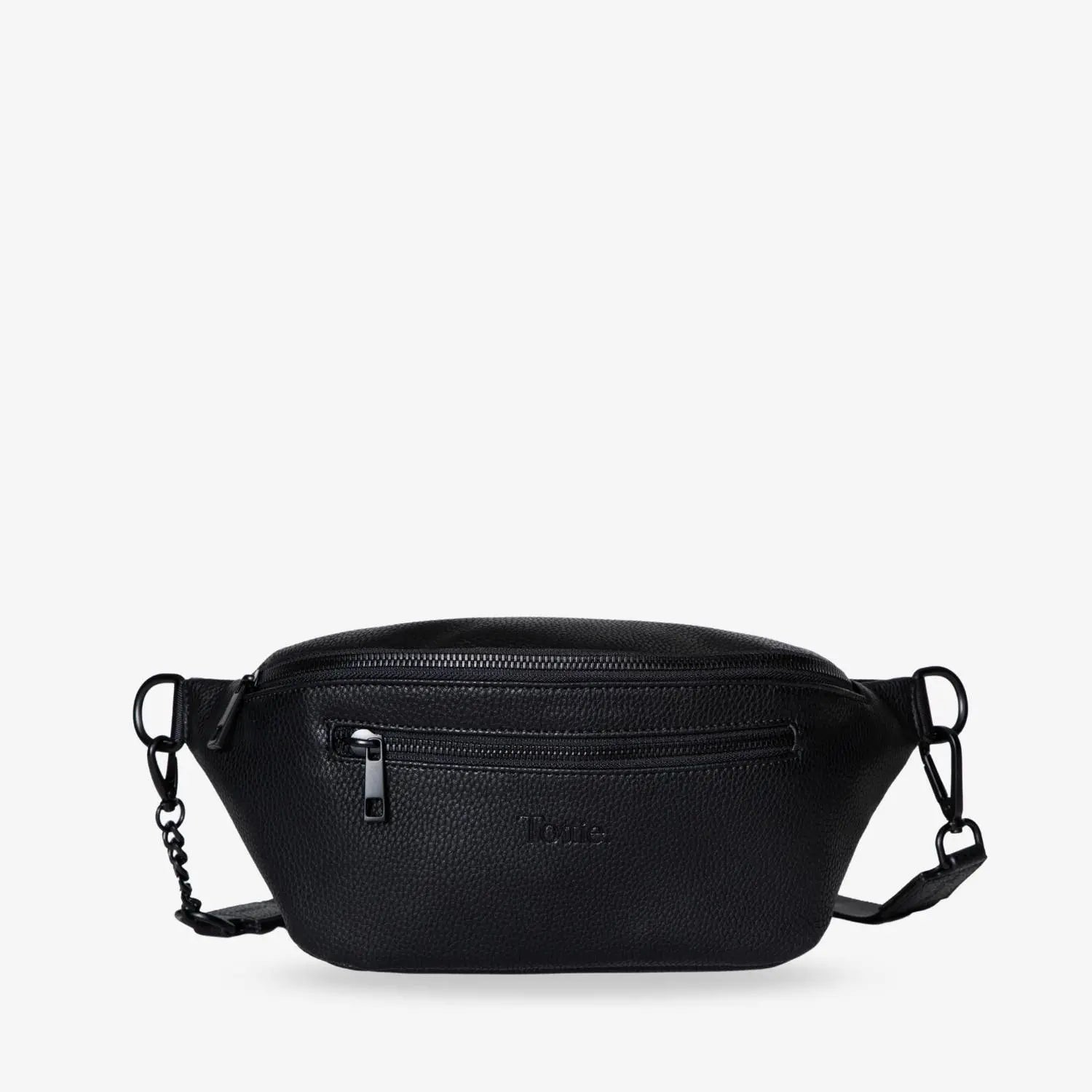 Black nylon bum bag with matching hardware and embossed Tottie logo on front panel, on clean white background.