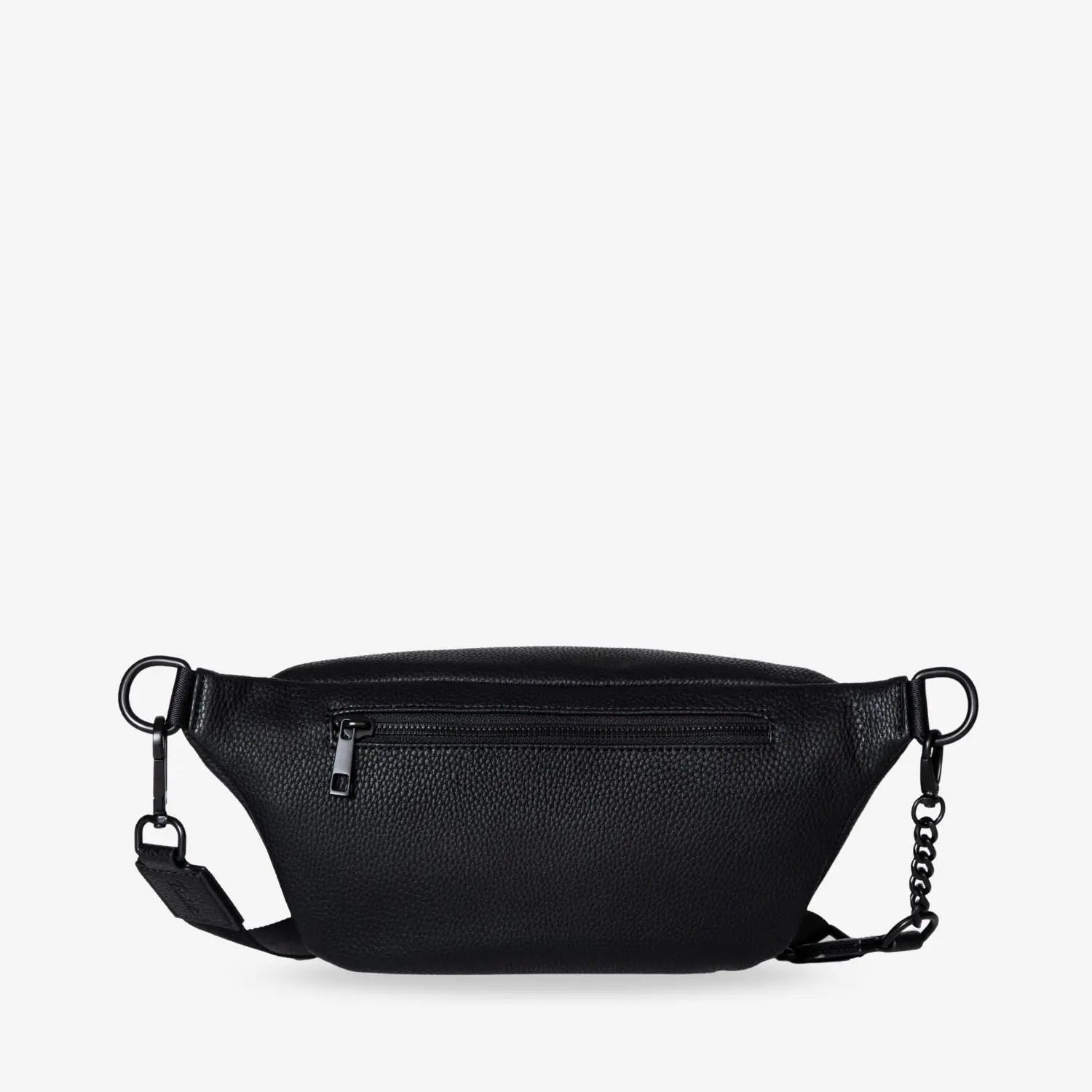 Black bum bag showing rear zip pocket and matte black hardware – perfect for hands-free convenience.