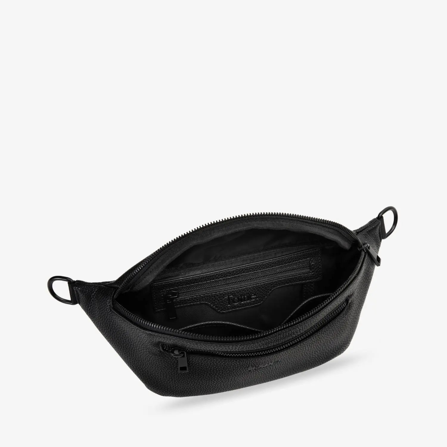 Top view of open black bum bag showing interior with embossed Tottie logo, on white background.
