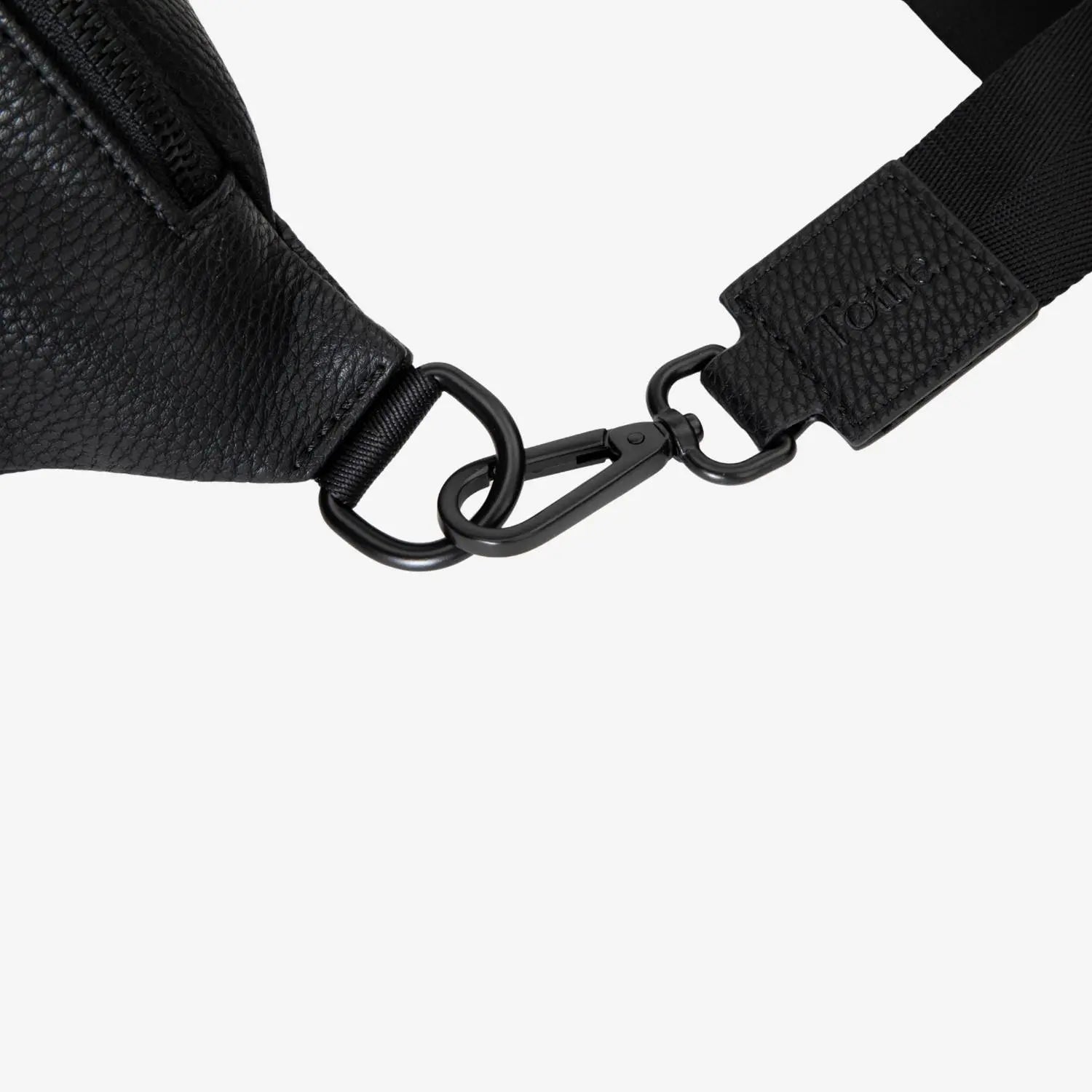 Close-up of black hardware on black bum bag, highlighting durable metal detail.