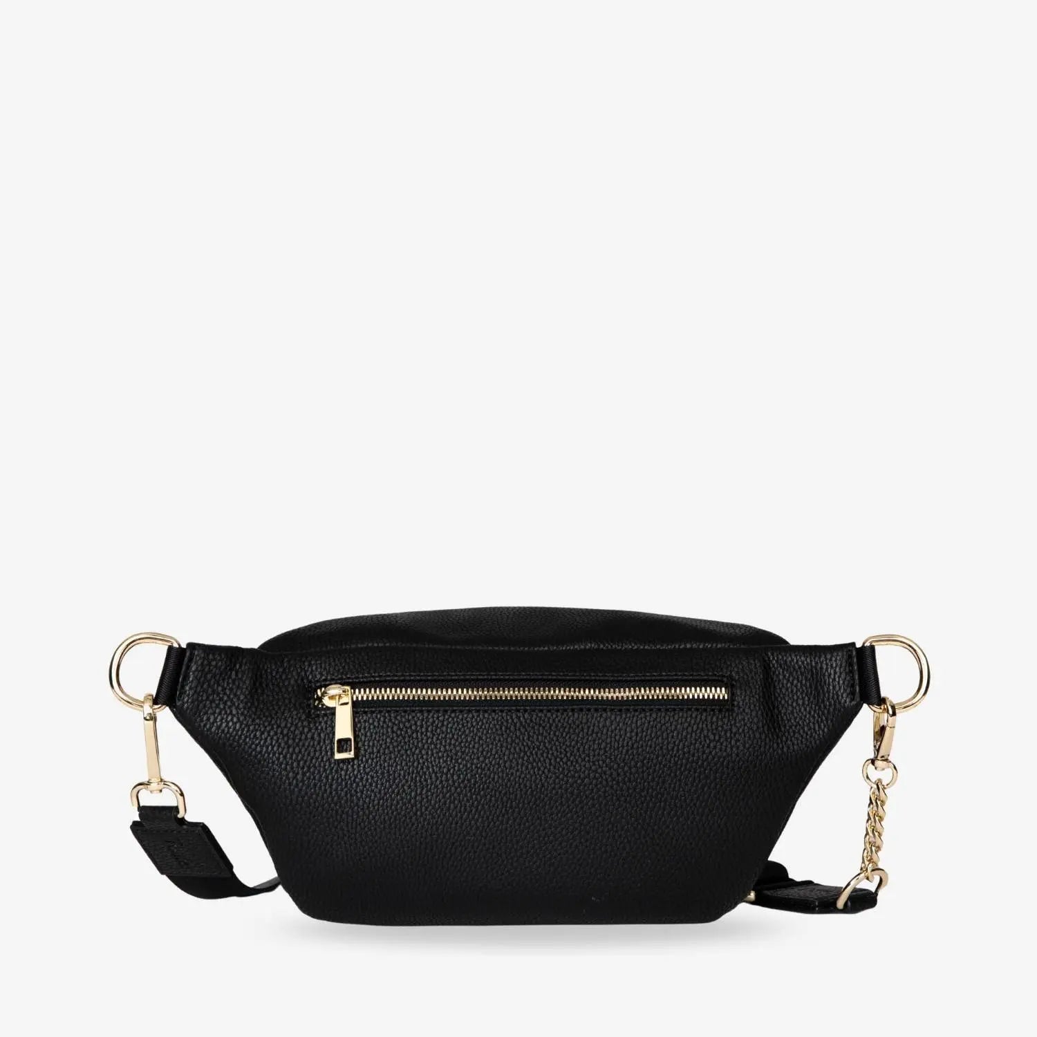 Black bum bag featuring shiny gold hardware on the back panel – perfect mix of style and practicality.