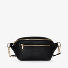 Front view of black bum bag with gold hardware and embossed Tottie logo – stylish and functional everyday accessory