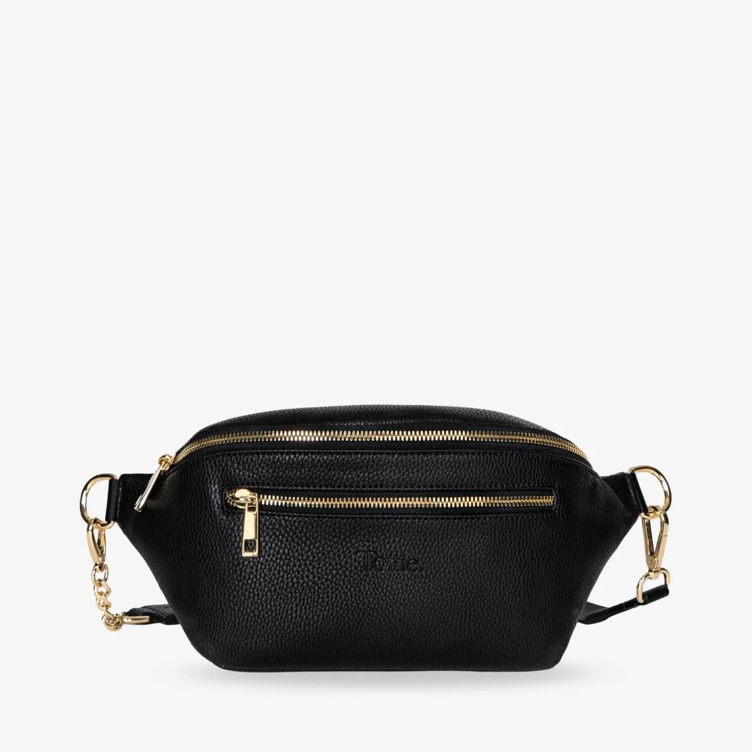 Front view of black bum bag with gold hardware and embossed Tottie logo – stylish and functional everyday accessory