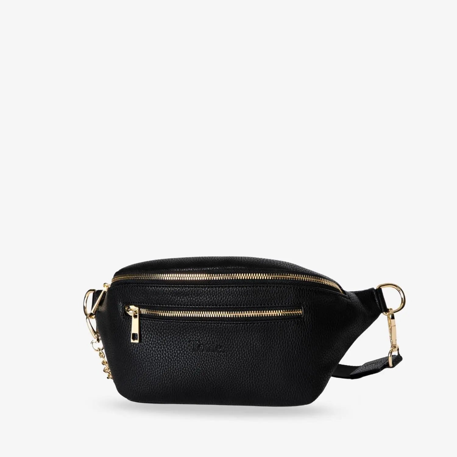 Embossed Tottie logo on black bum bag with gold hardware – elegant design for modern Australian parents