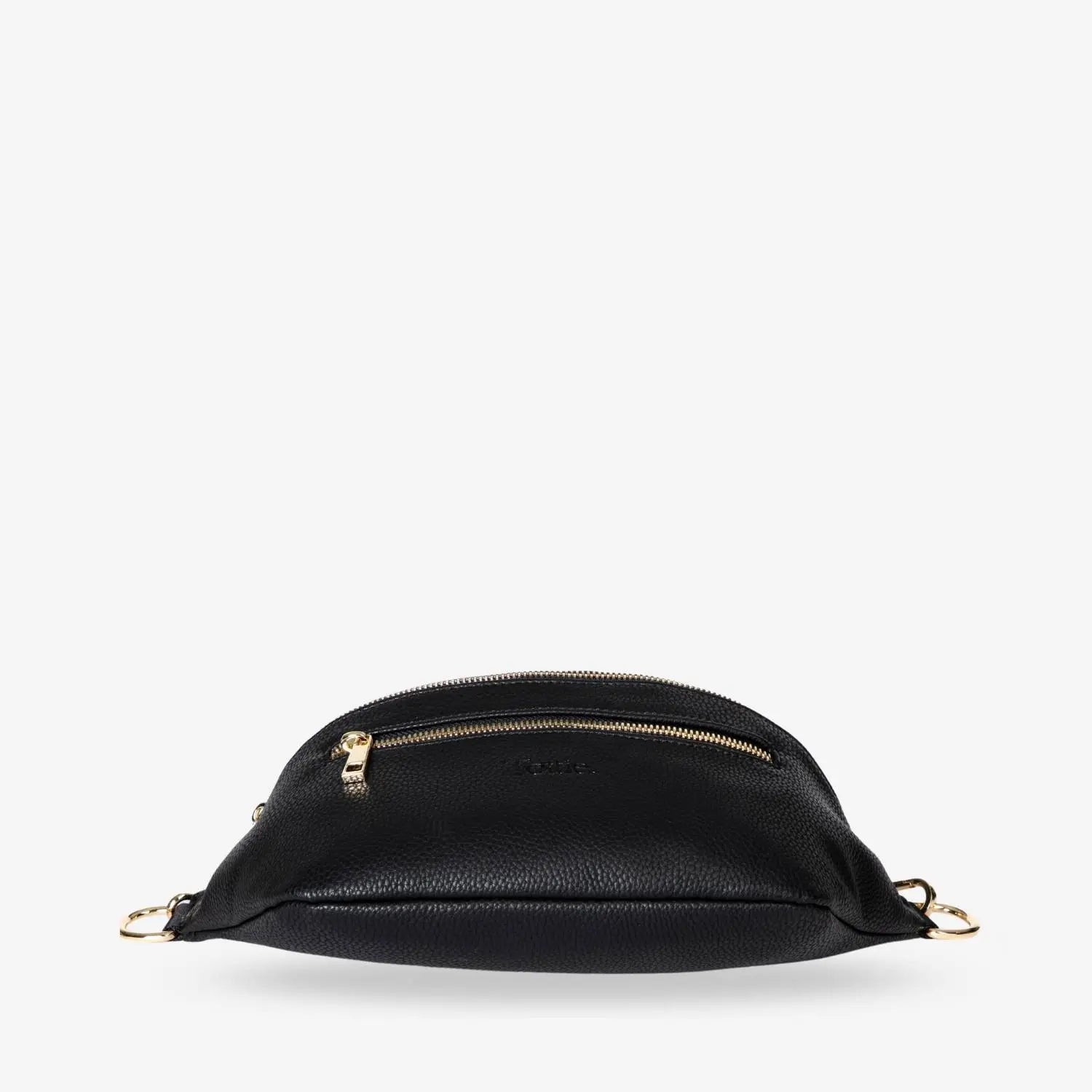 Bottom section of black bum bag with luxe gold hardware – ideal for fashion-focused everyday use.