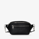 Detailed front shot of black bum bag with silver hardware and embossed Tottie branding – premium quality accessory.