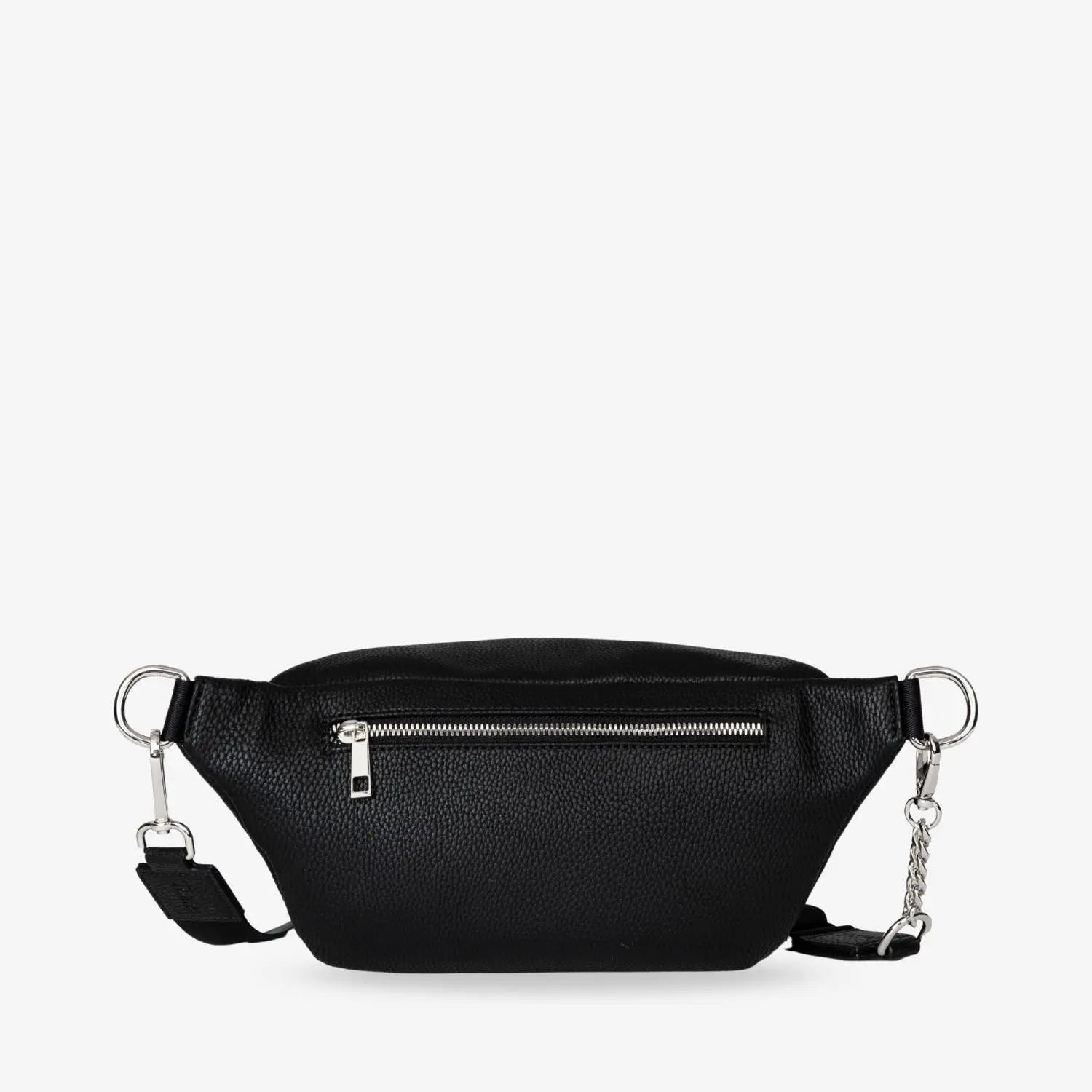Black bum bag showing rear panel with polished silver hardware – durable and stylish for everyday use