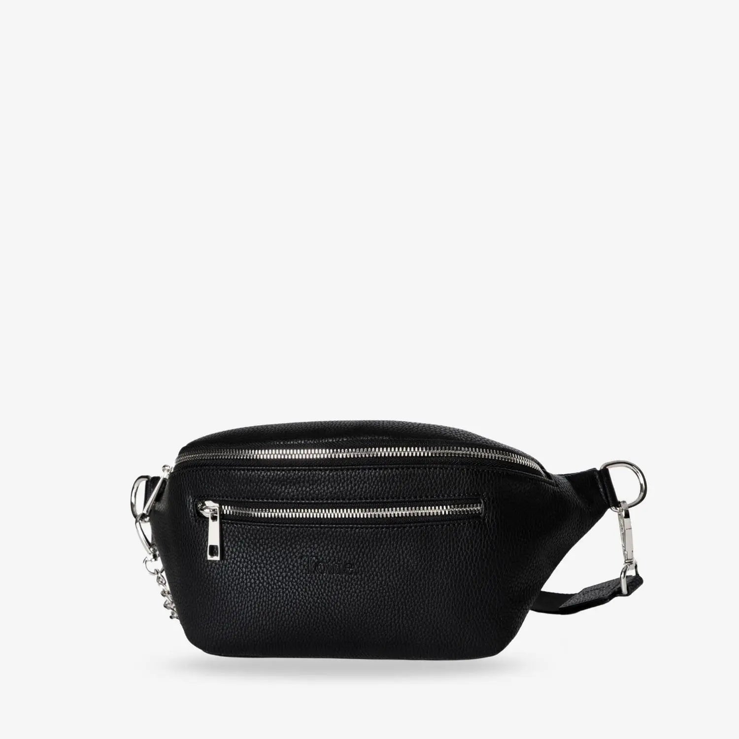 Close-up of black bum bag front with embossed Tottie logo and silver-tone hardware – elegant design for Australian parents.