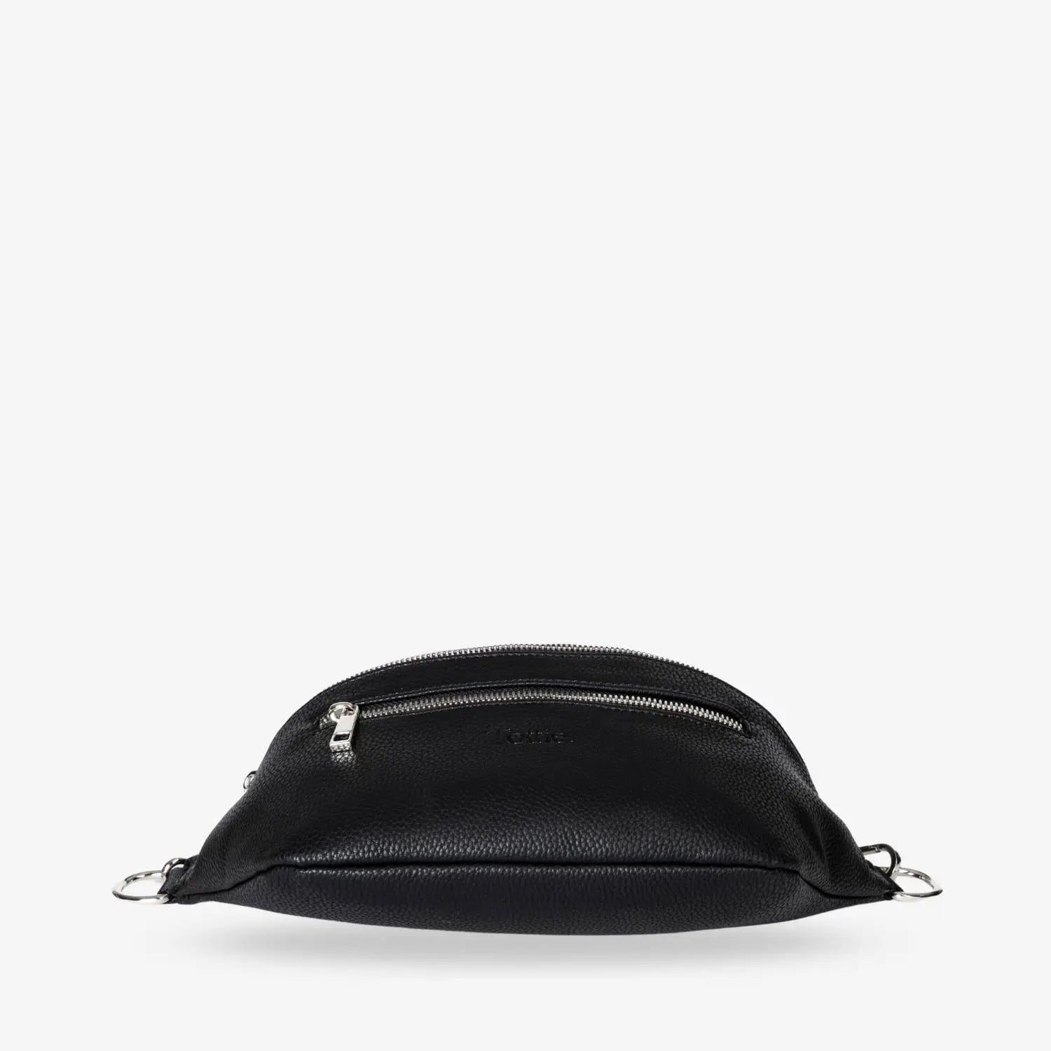 Close-up of black bum bag base with silver hardware – durable and sleek accessory detail.