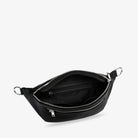 Black bum bag open at the top with silver-tone hardware and Tottie logo embossed inside – elegant design for everyday use.