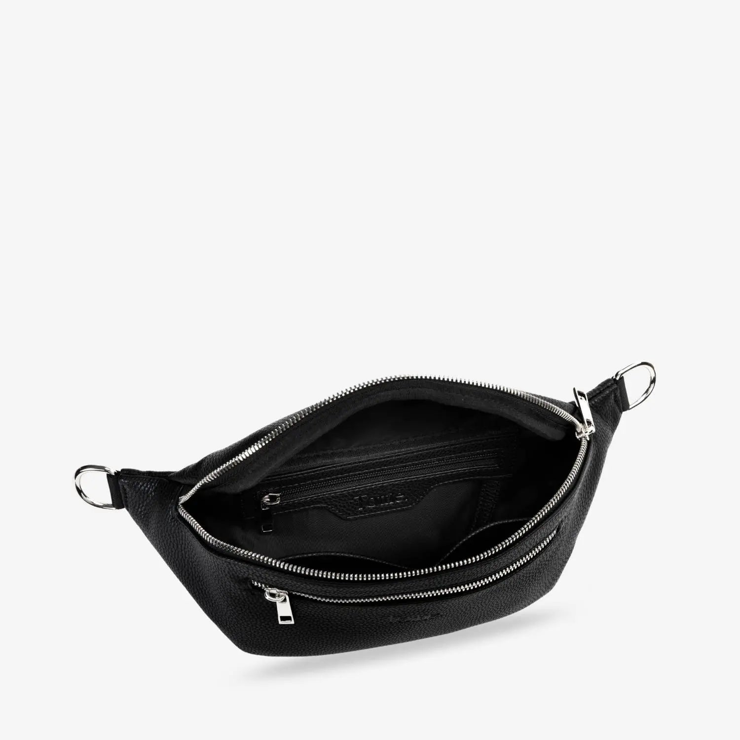 Black bum bag open at the top with silver-tone hardware and Tottie logo embossed inside – elegant design for everyday use.