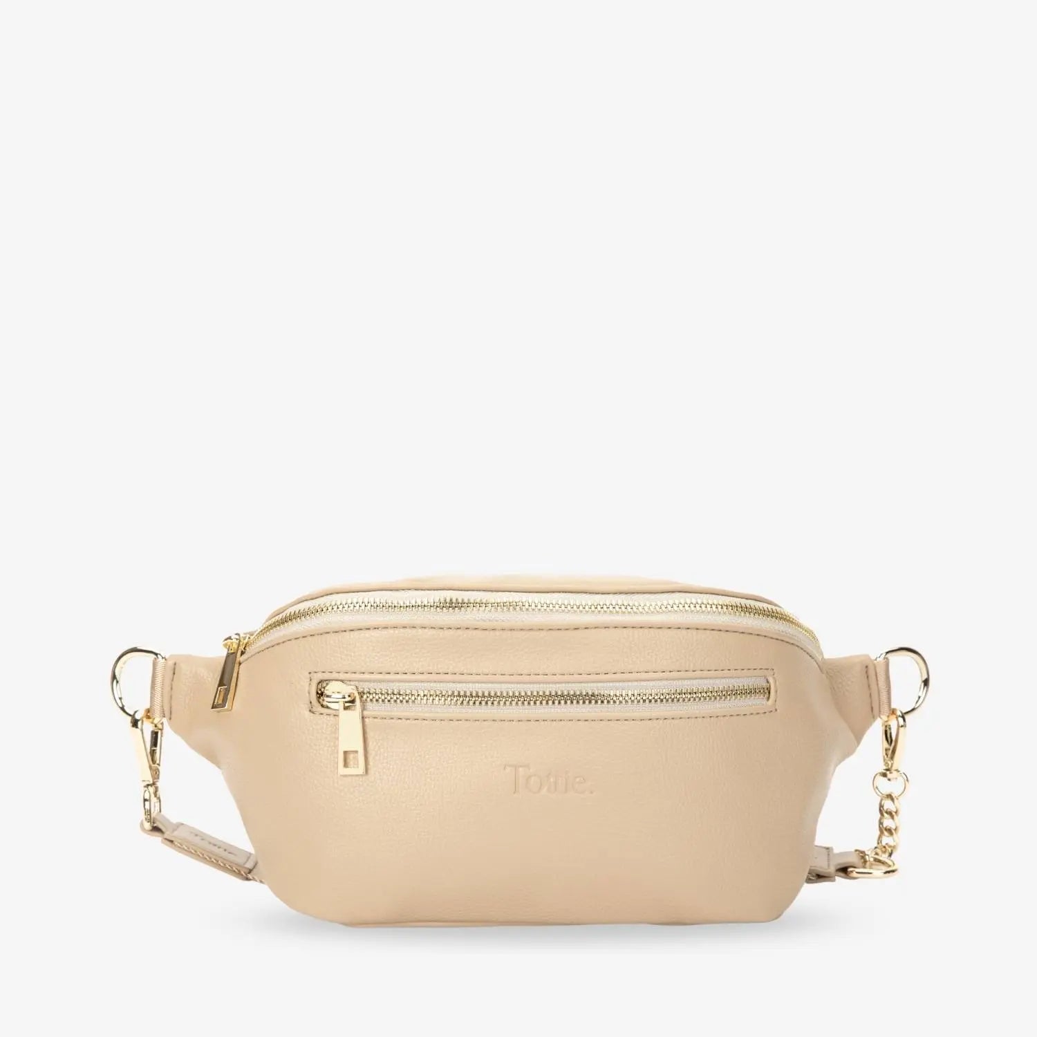 Front view of stone bum bag with gold zipper and embossed Tottie logo – stylish and functional design