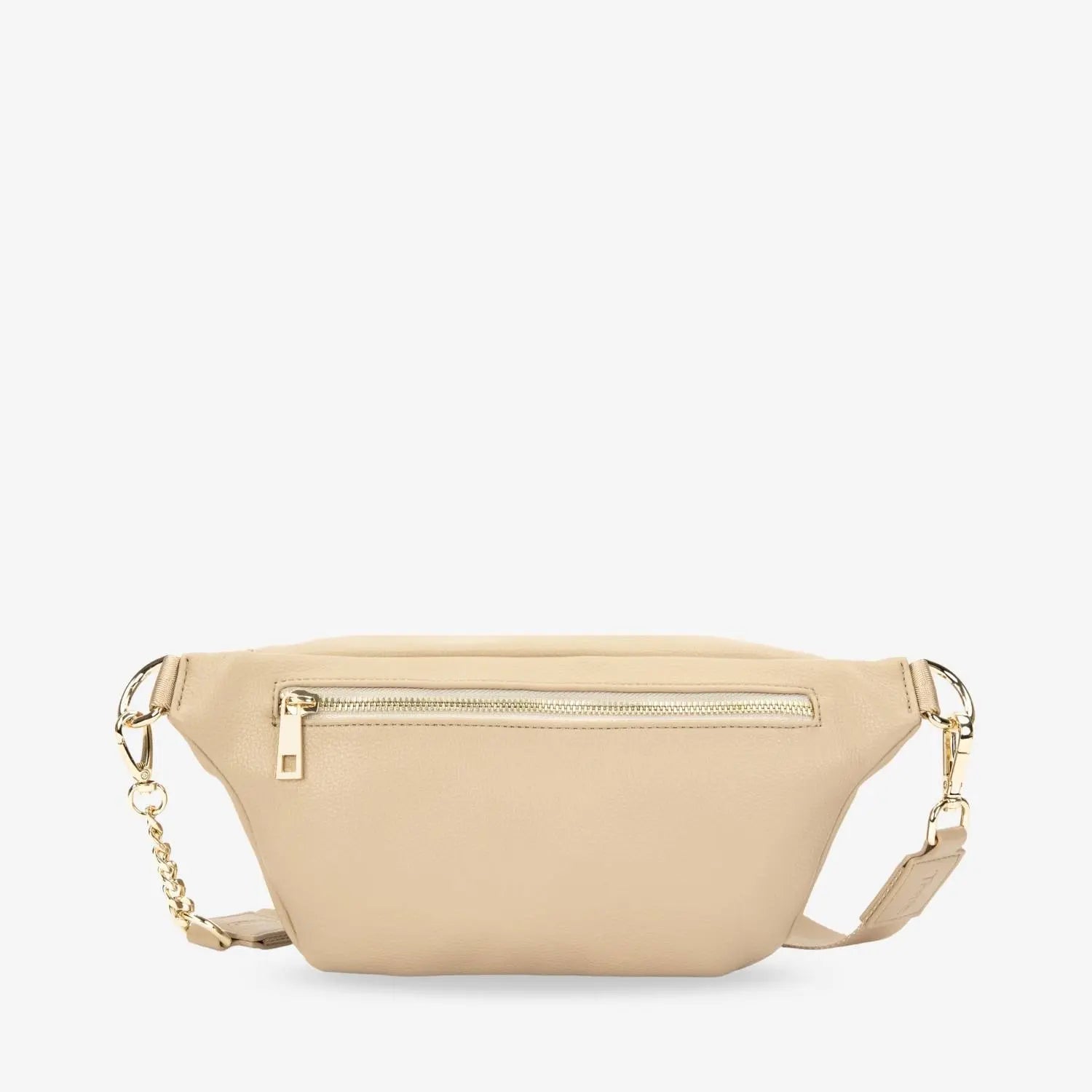 Stone bum bag rear side featuring polished gold hardware – neutral-toned and versatile accessory