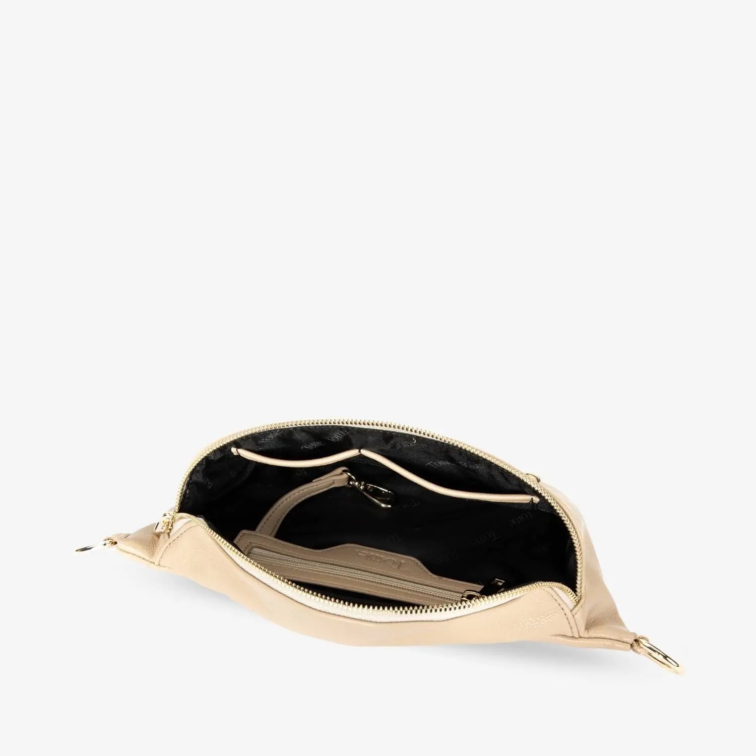 Open top of stone-coloured bum bag with gold hardware – interior view showing Tottie embossed branding.