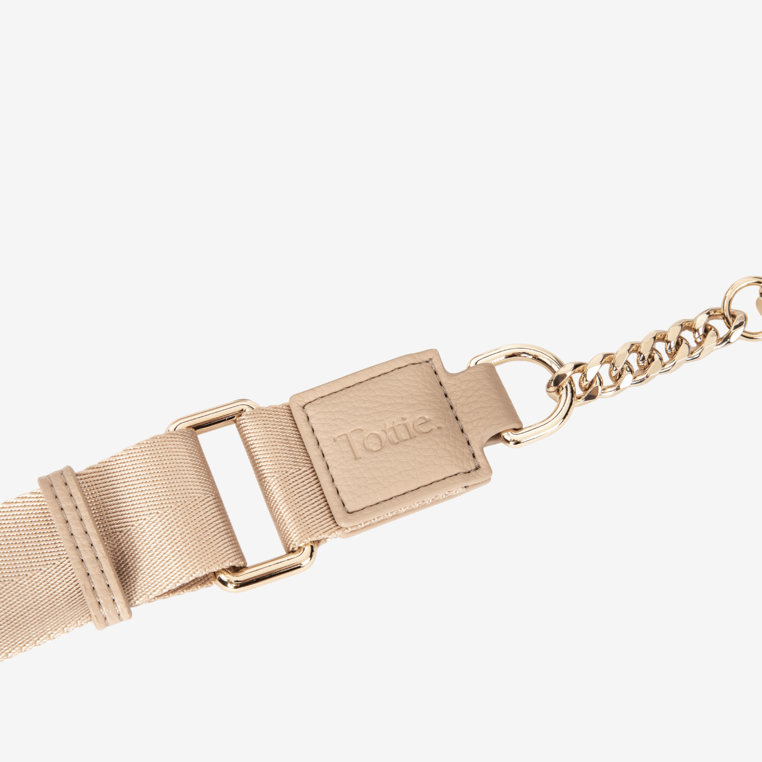 Beige belt bag's strap with gold buckle on a white background