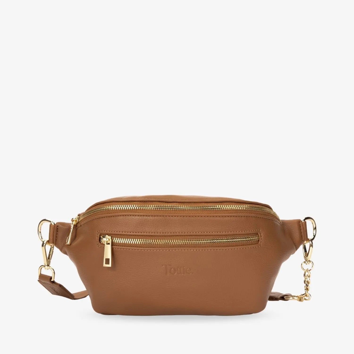 Tottie tan bum bag with gold zipper and embossed logo on the front – stylish and durable accessory.