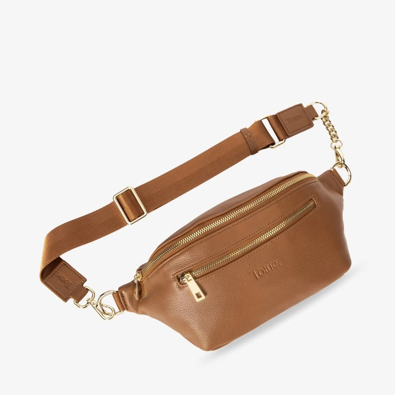 Tottie tan bum bag with gold hardware and embossed logo on the front – premium craftsmanship.