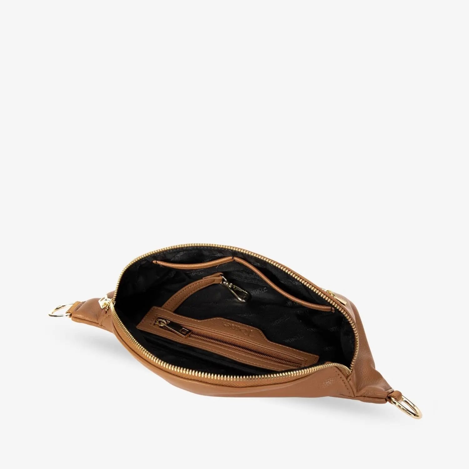 Spacious interior of open tan bum bag with gold hardware, viewed from above – versatile everyday bag.