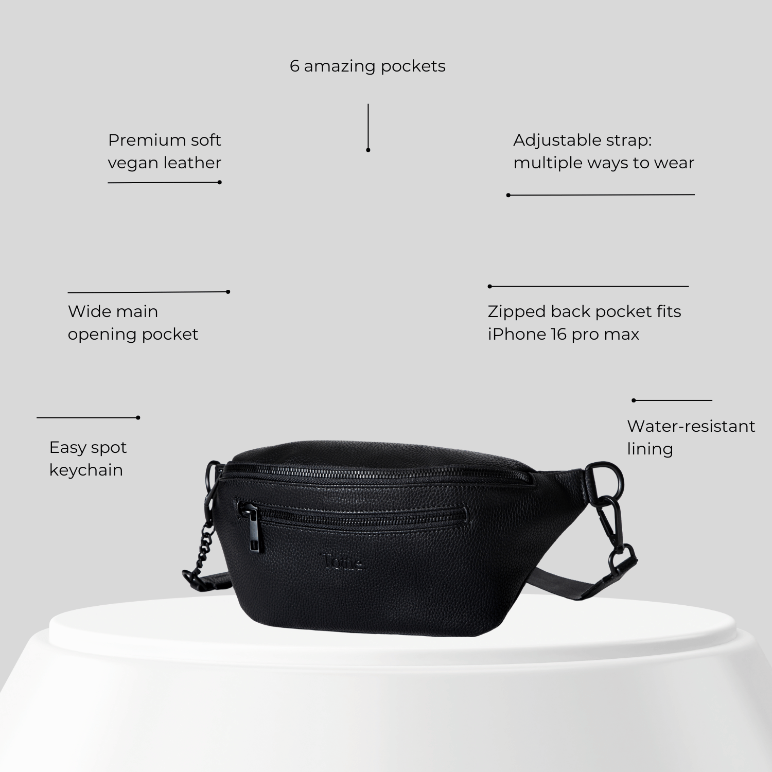 Black bum bag with features listed on a gray background