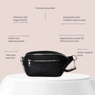 Black vegan leather bum bag with silver hardware shown in benefits diagram – versatile as belt bag or waist bag.