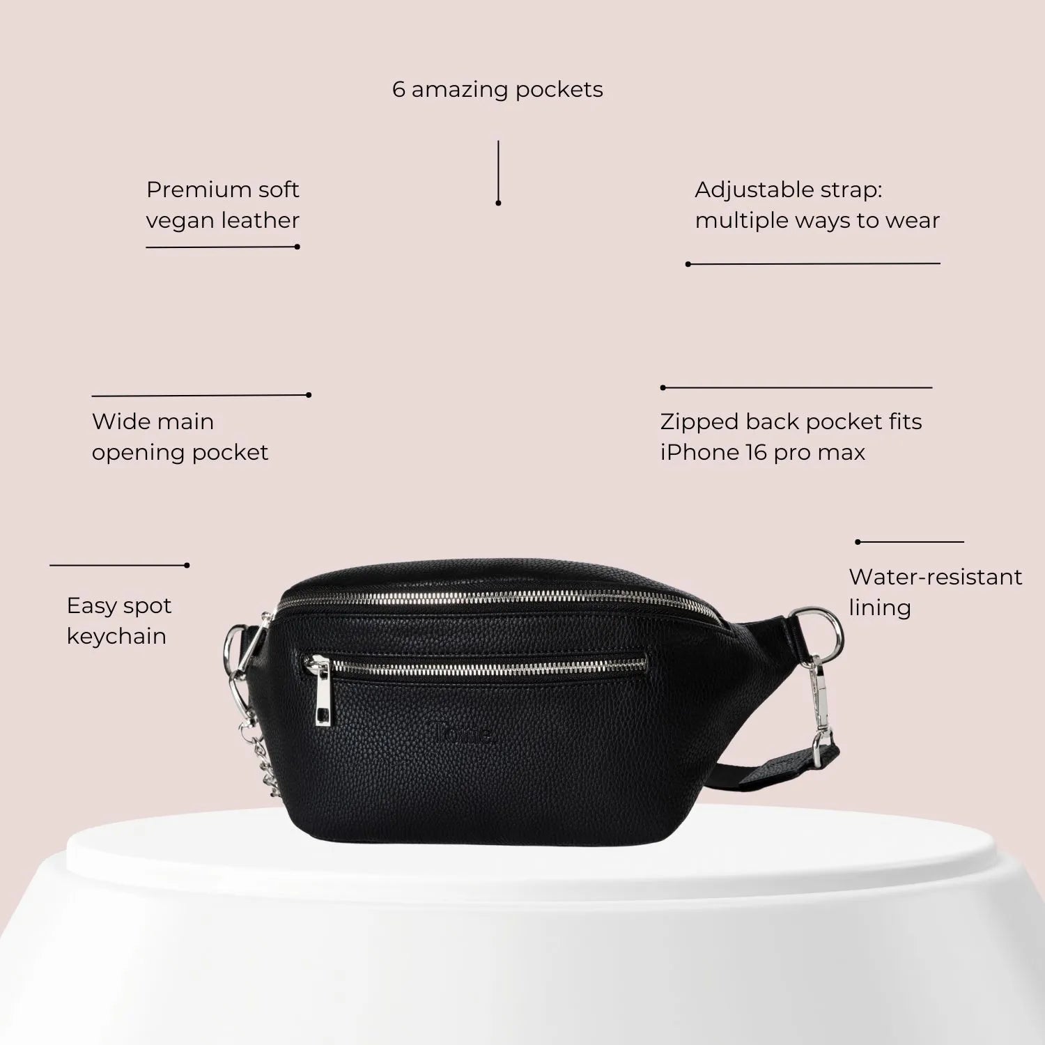 Black vegan leather bum bag with silver hardware shown in benefits diagram – versatile as belt bag or waist bag.