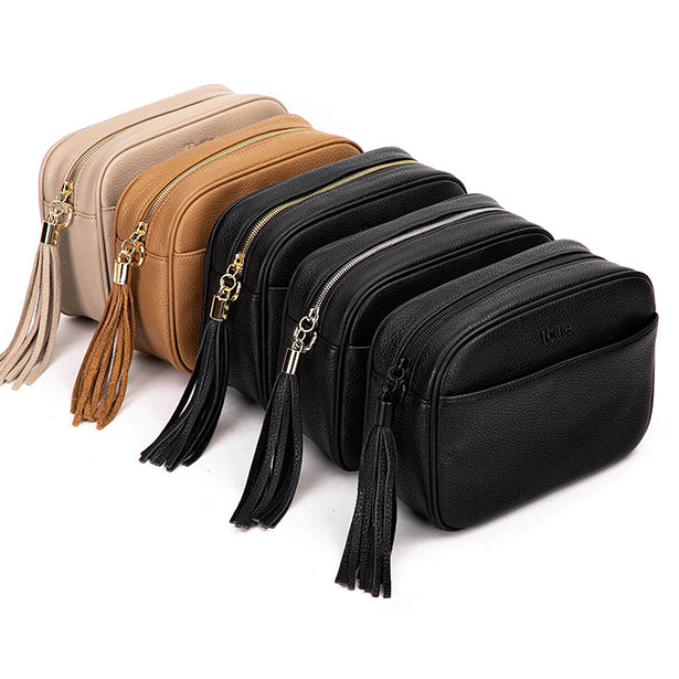 leather crossbody bags in different colors in white background