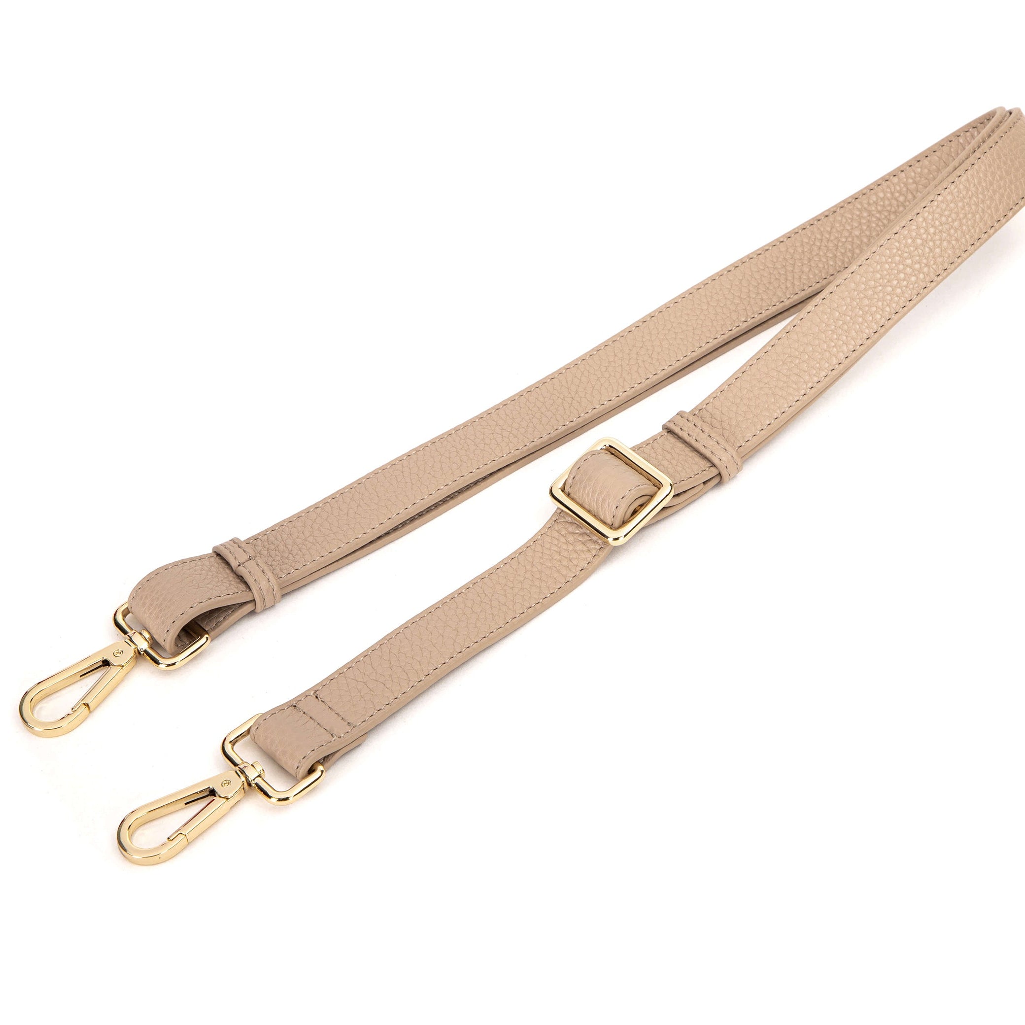 stone colored leather bag strap in white background