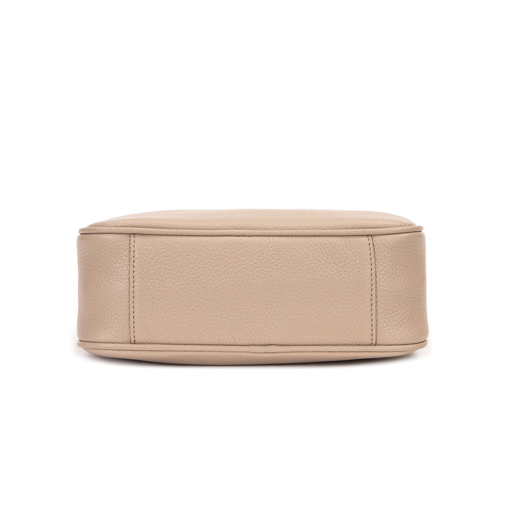 stone colored leather bag in white background