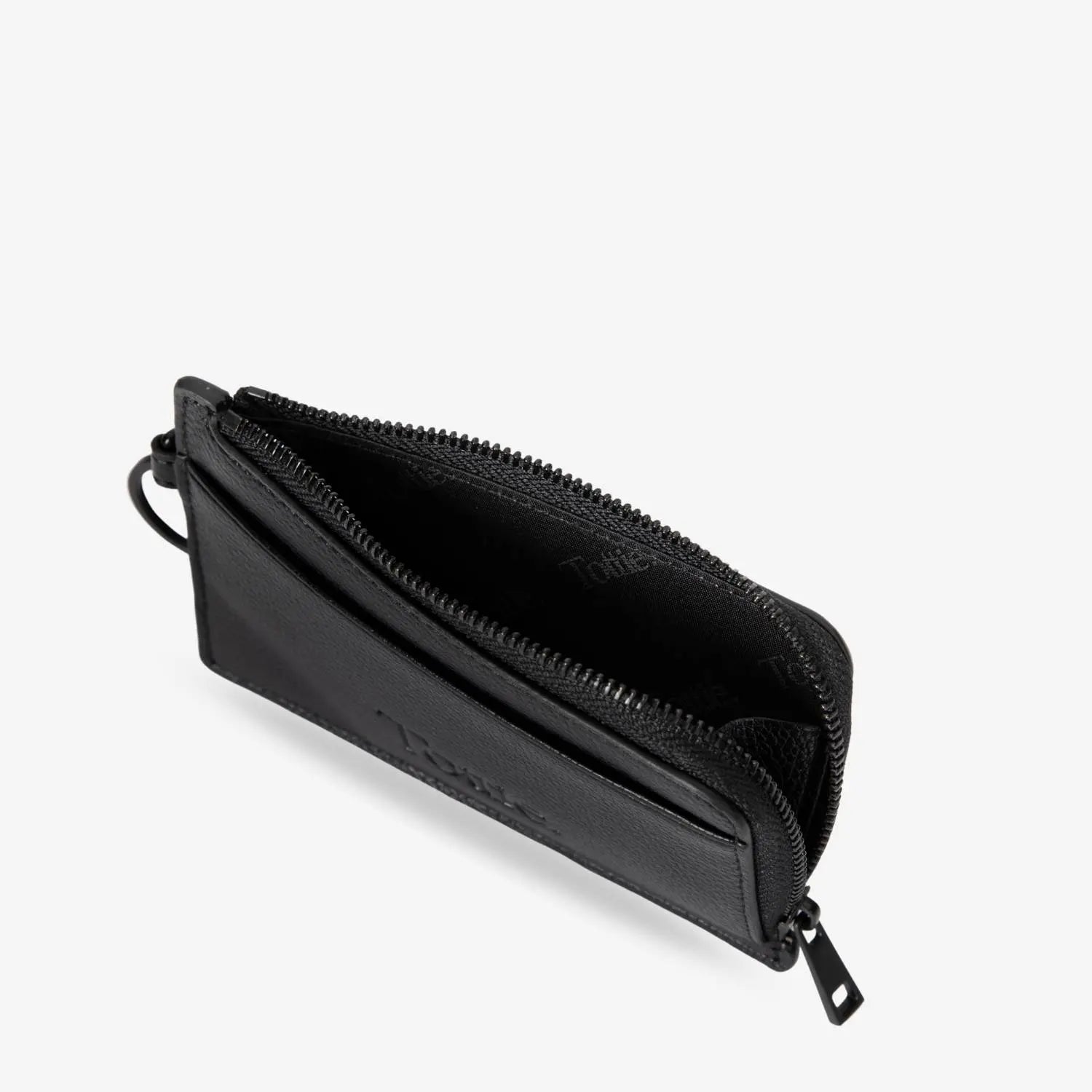Top view of black card holder wristlet wallet with sleek design and zip closure – a compact, everyday essential.