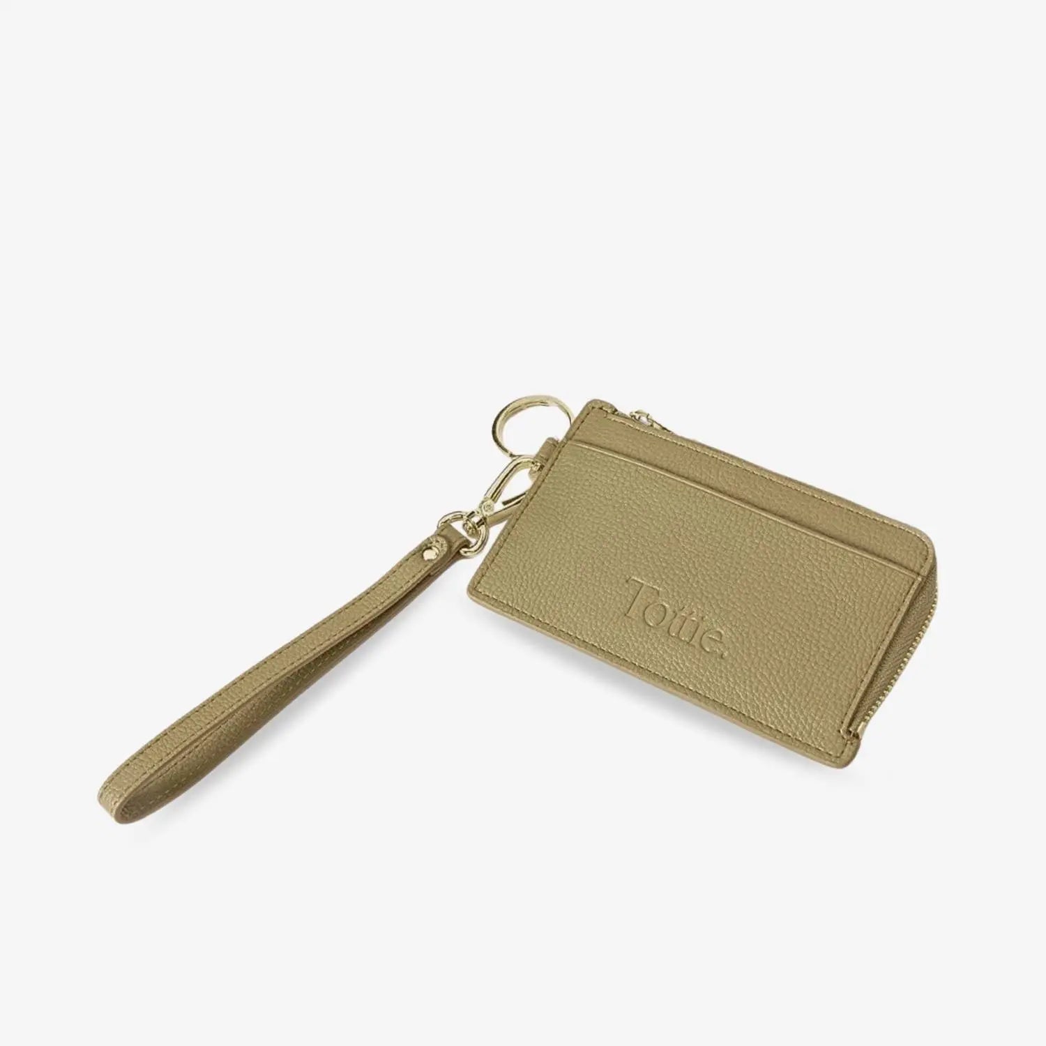 Flat lay of khaki card holder wristlet wallet on white background showing compact design