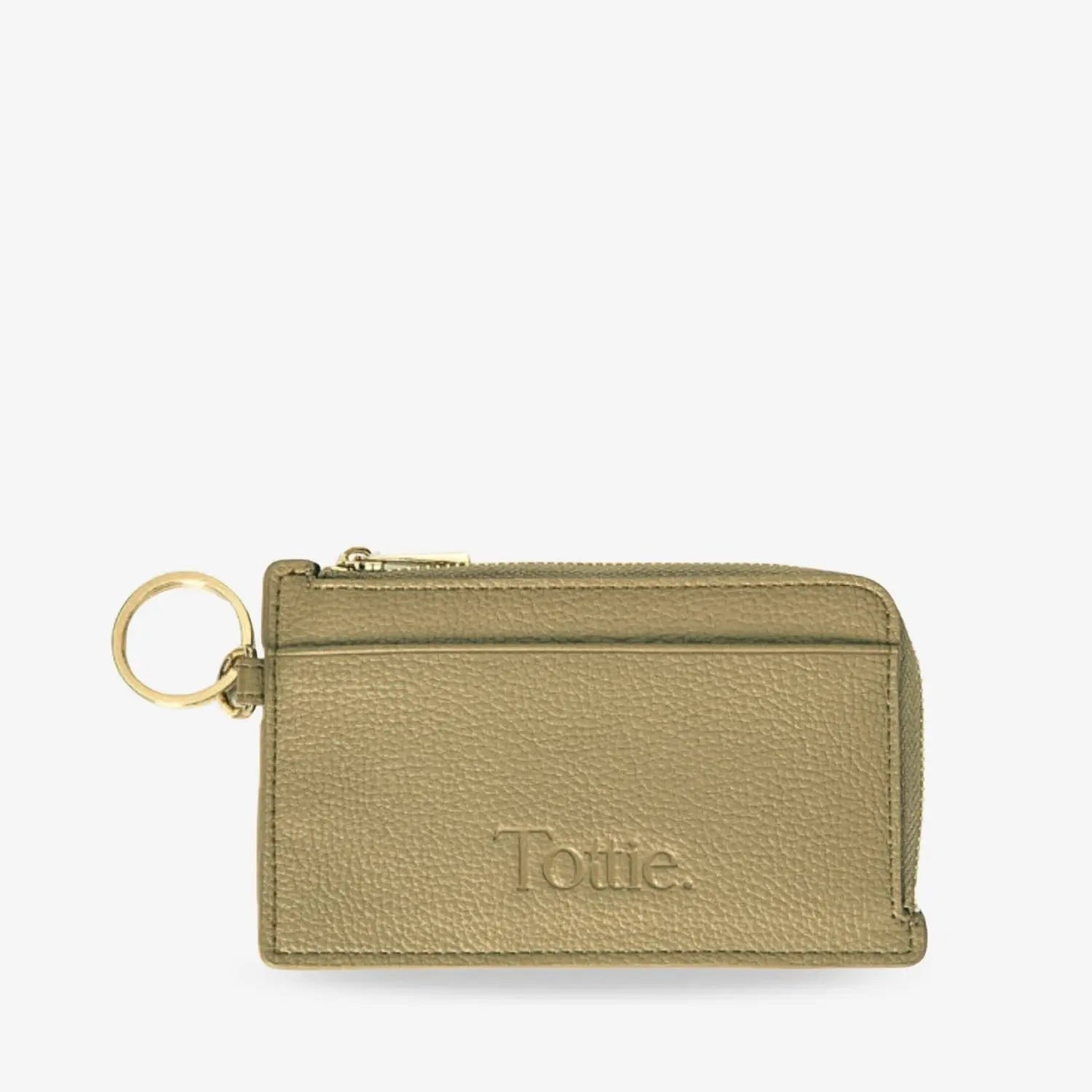 Slim khaki wristlet wallet with card slots and side zip, shown from side angle on white surface