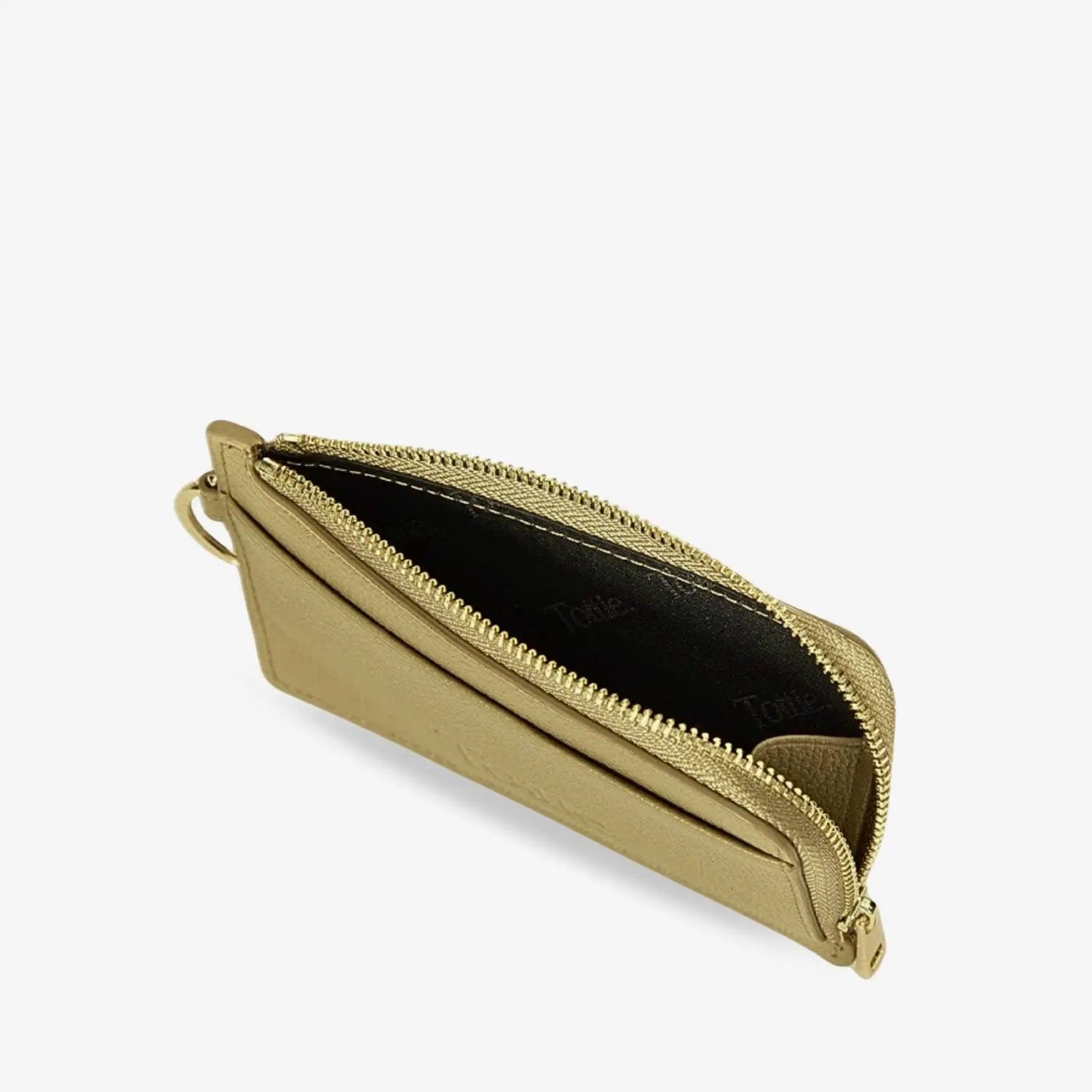 Top view of khaki card holder wristlet wallet with minimalist design on white background