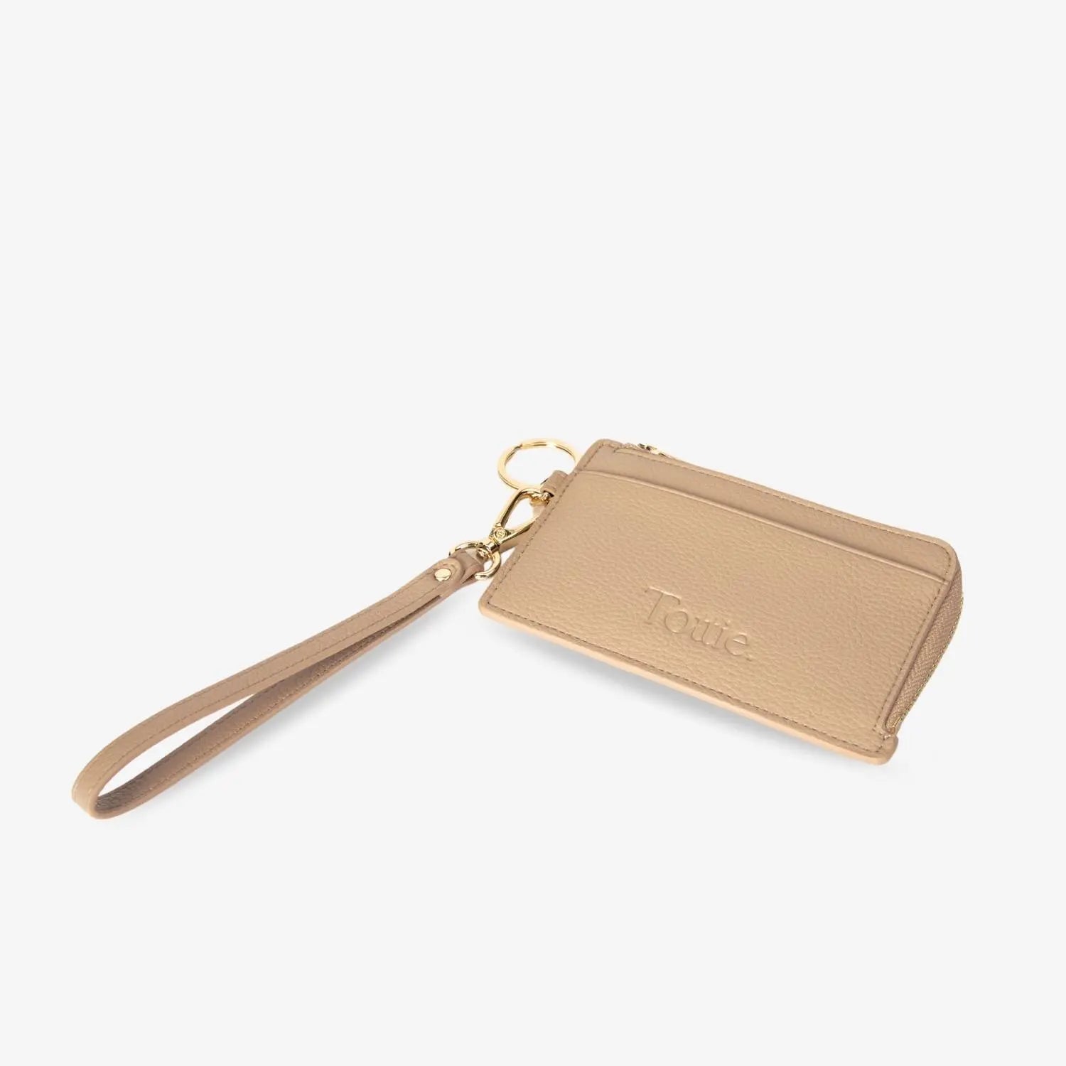 Lay flat view of stone colour card holder wristlet wallet on white background showing compact design
