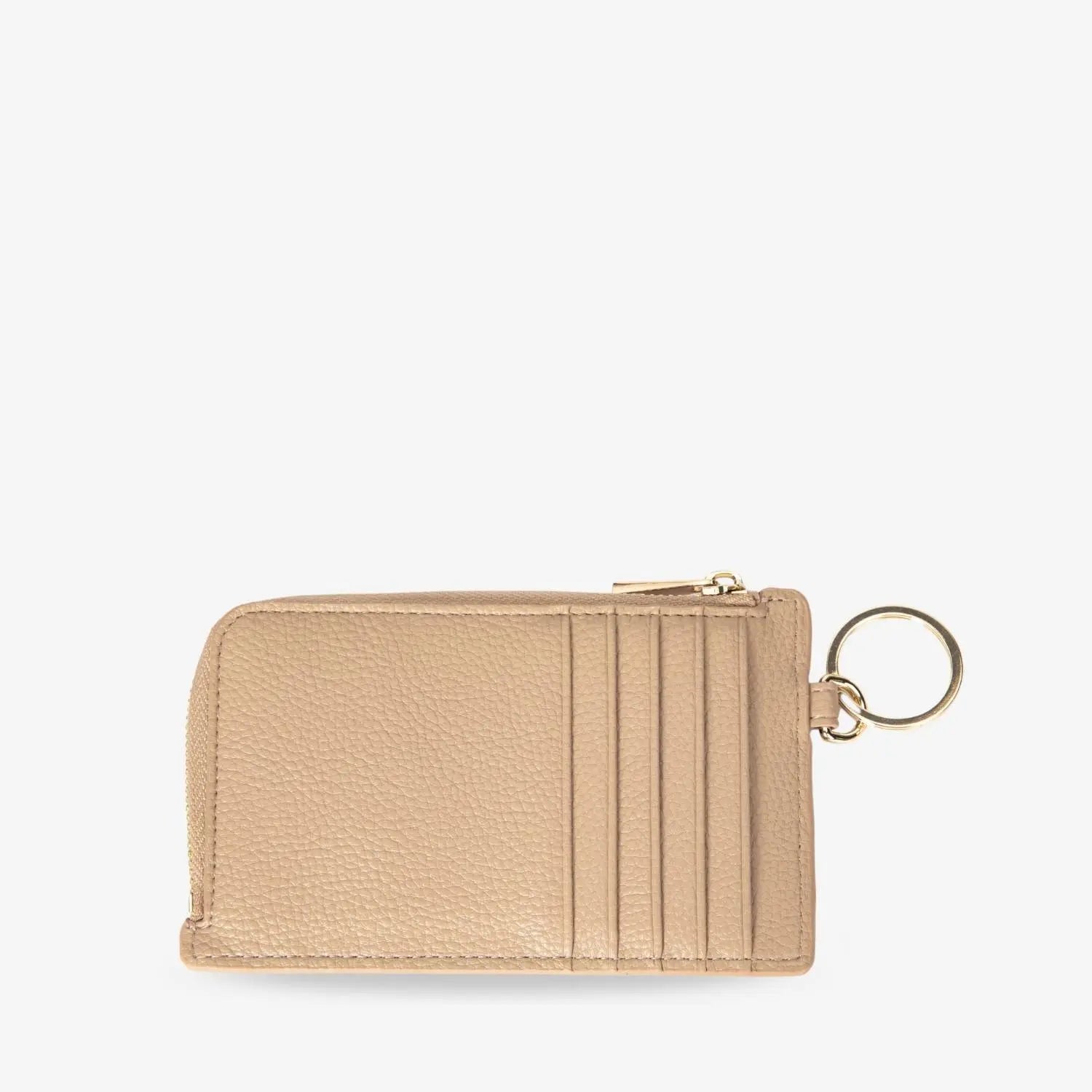 Side view of stone colour card holder wristlet wallet showing multiple card slots on white background