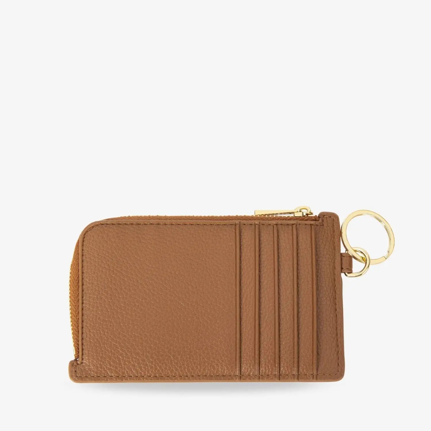 Tan card holder wristlet wallet side profile highlighting card slots, displayed on clean white backdrop