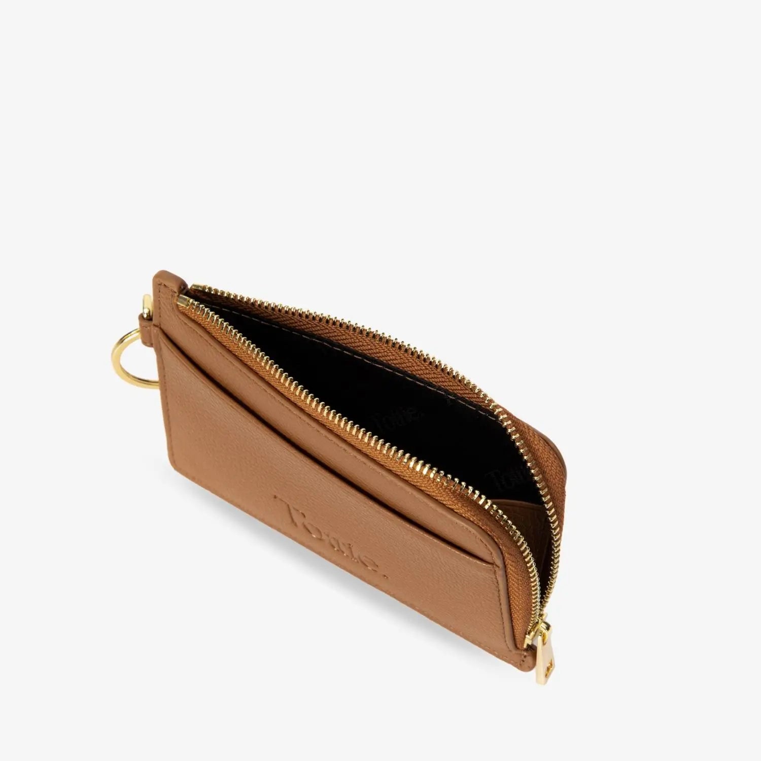 Top view of tan colour card holder wristlet wallet featuring gold zipper on white background.