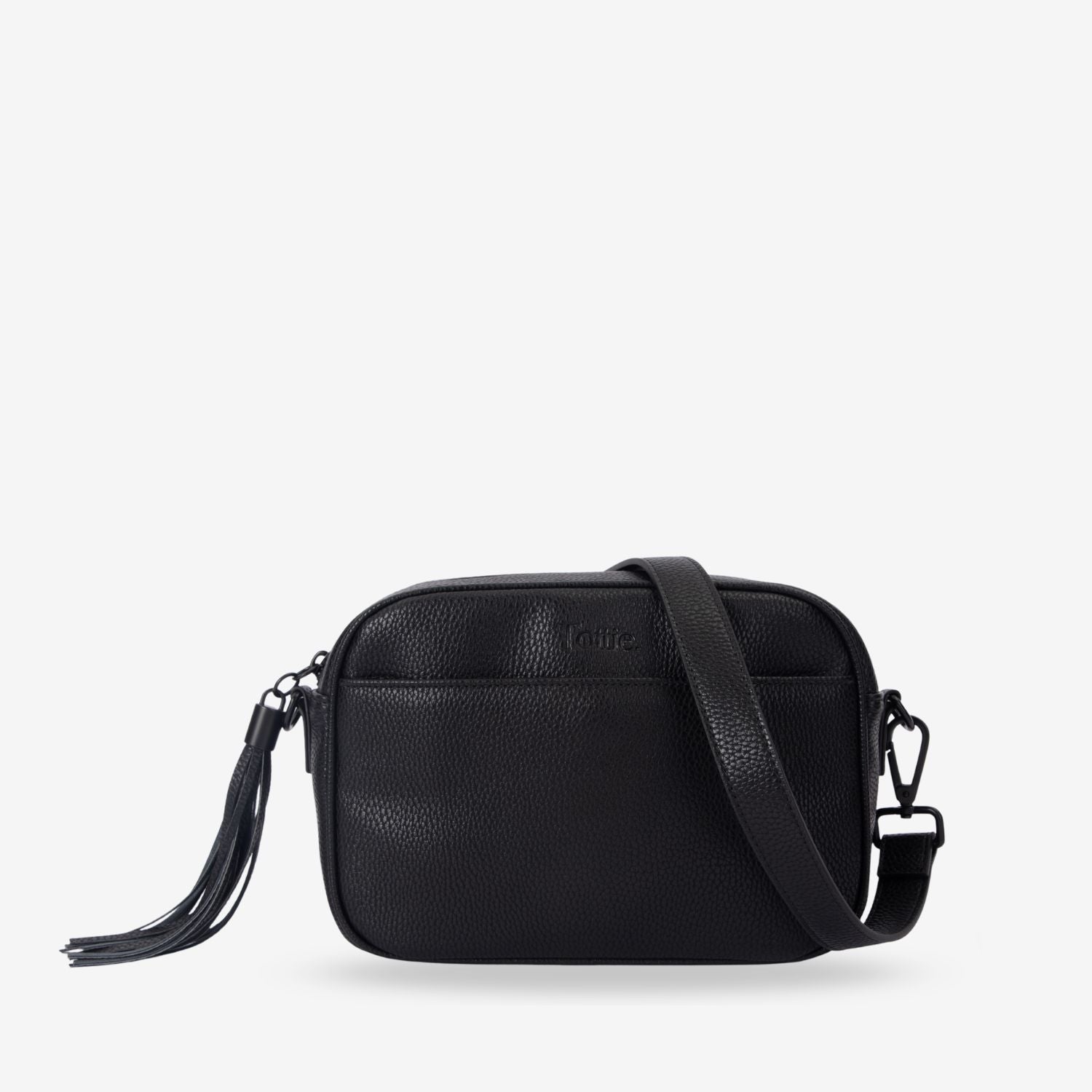 Black leather crossbody bag on a white background