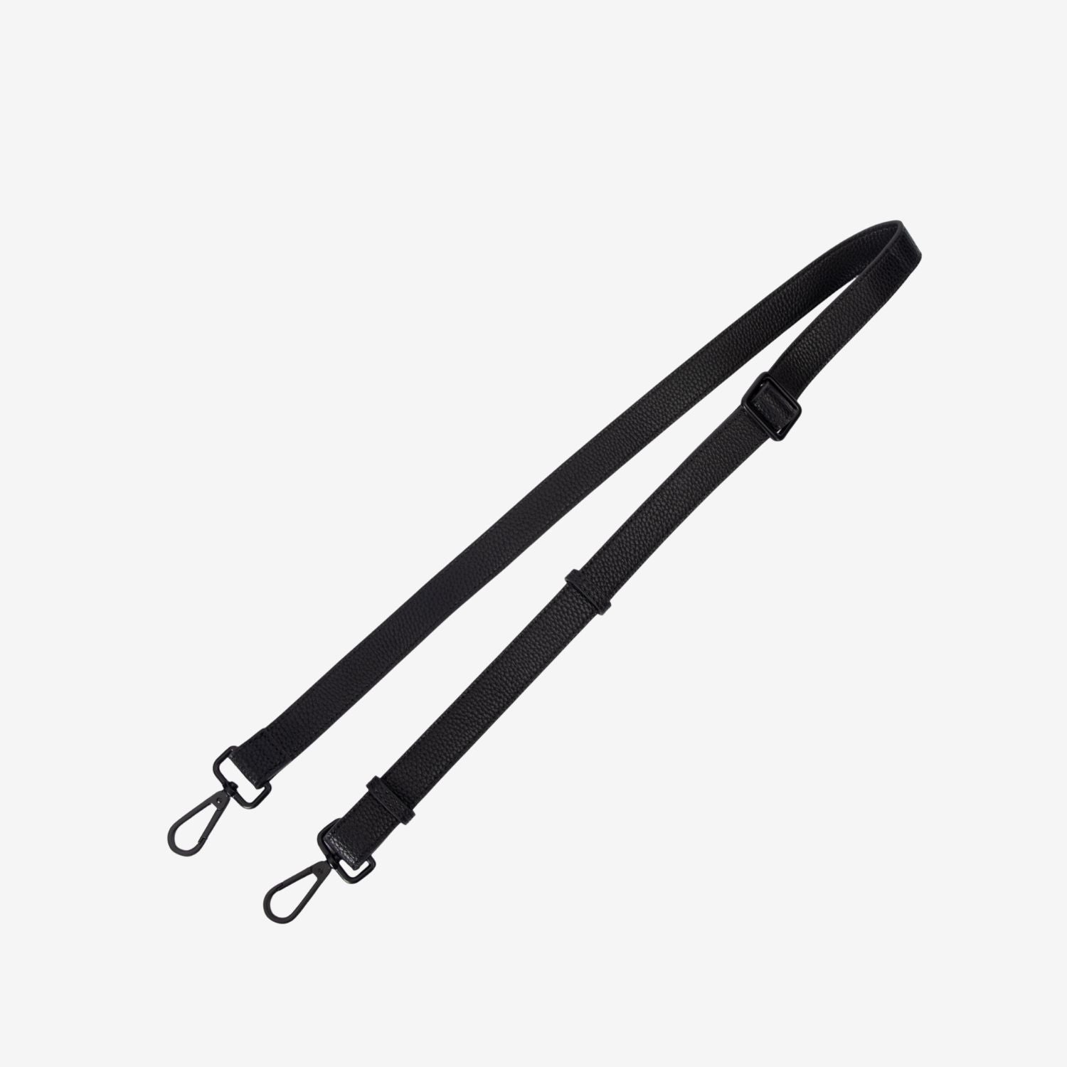 Black crossbody bag's strap with two hooks on a white background