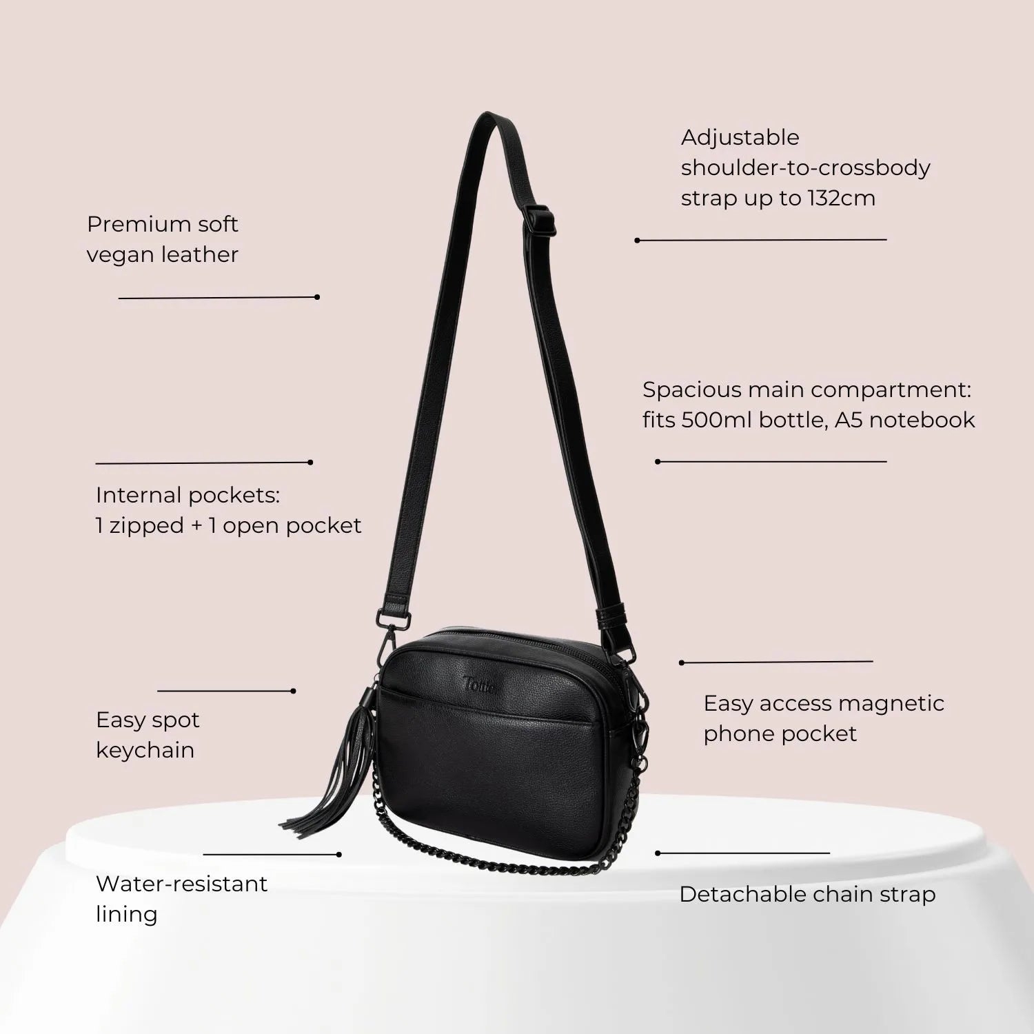 Black crossbody bag with black hardware surrounded by feature callouts highlighting adjustable strap, multiple compartments, and secure zipper.