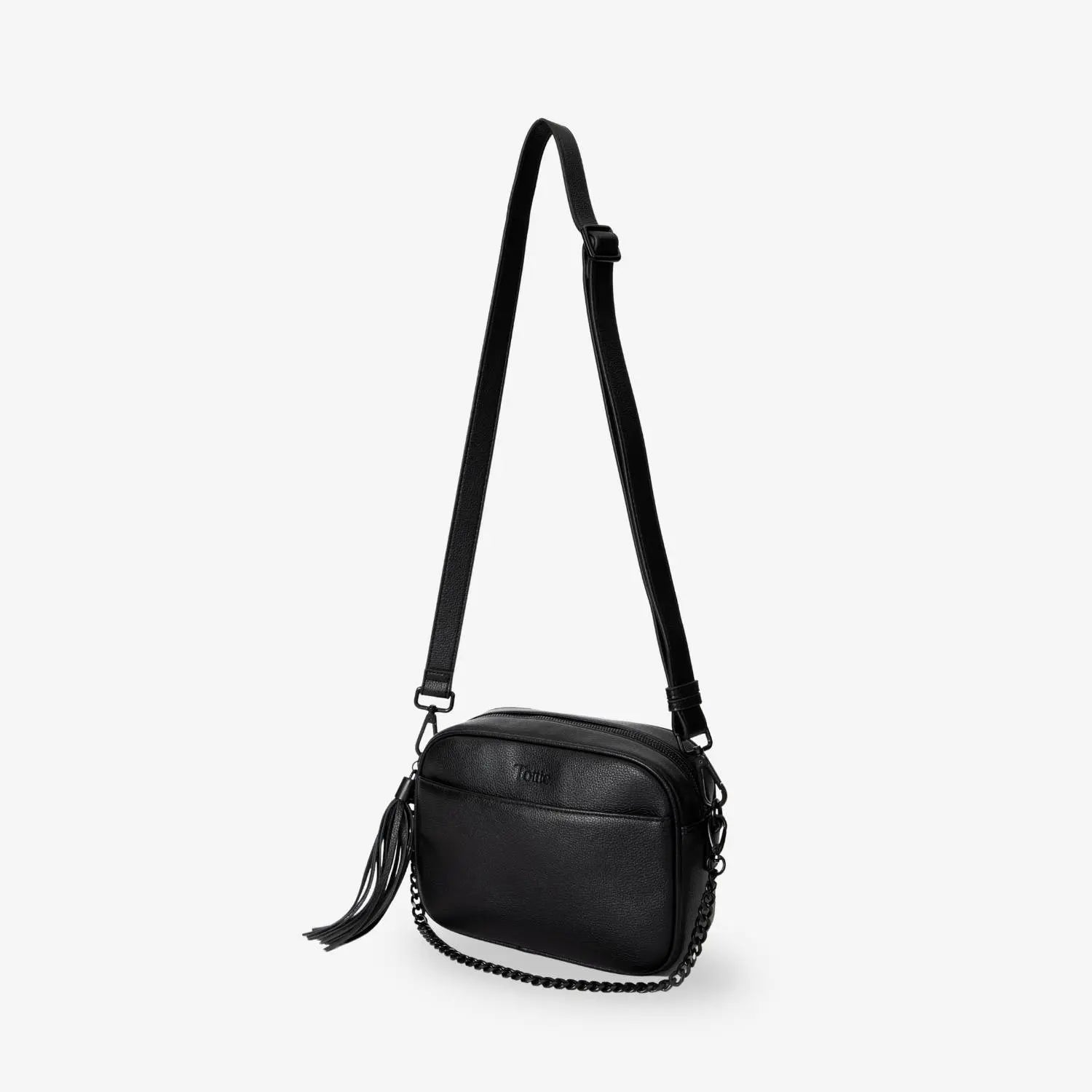 Black crossbody bag featuring matte black hardware – photographed on white background for clean presentation