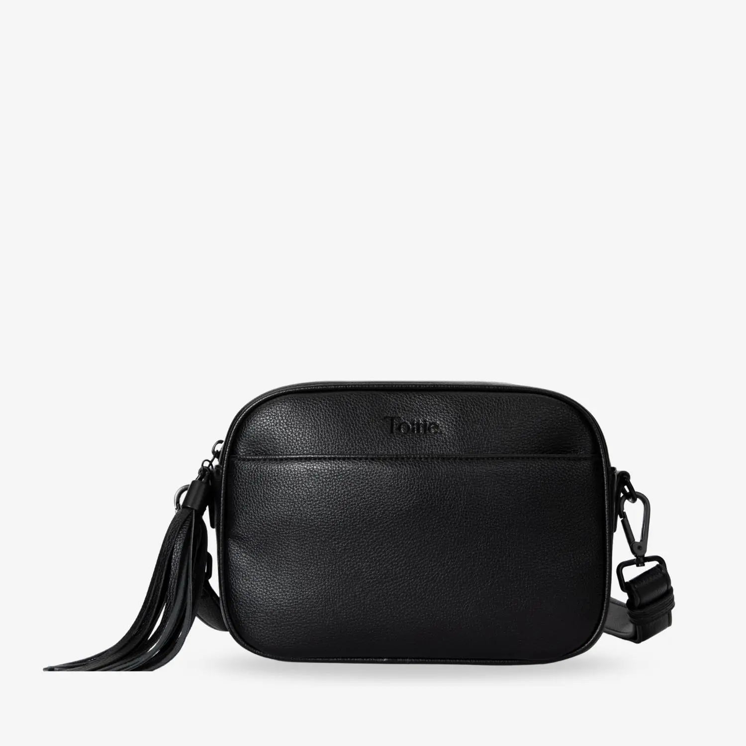 Front view of black crossbody bag with black hardware and embossed Tottie logo – sleek and stylish design