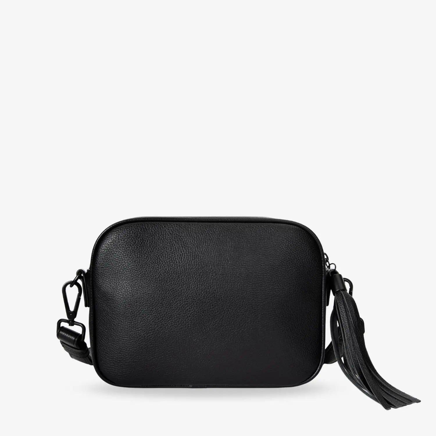 Black crossbody bag shown from the back with black-tone vegan leather – clean and stylish accessory