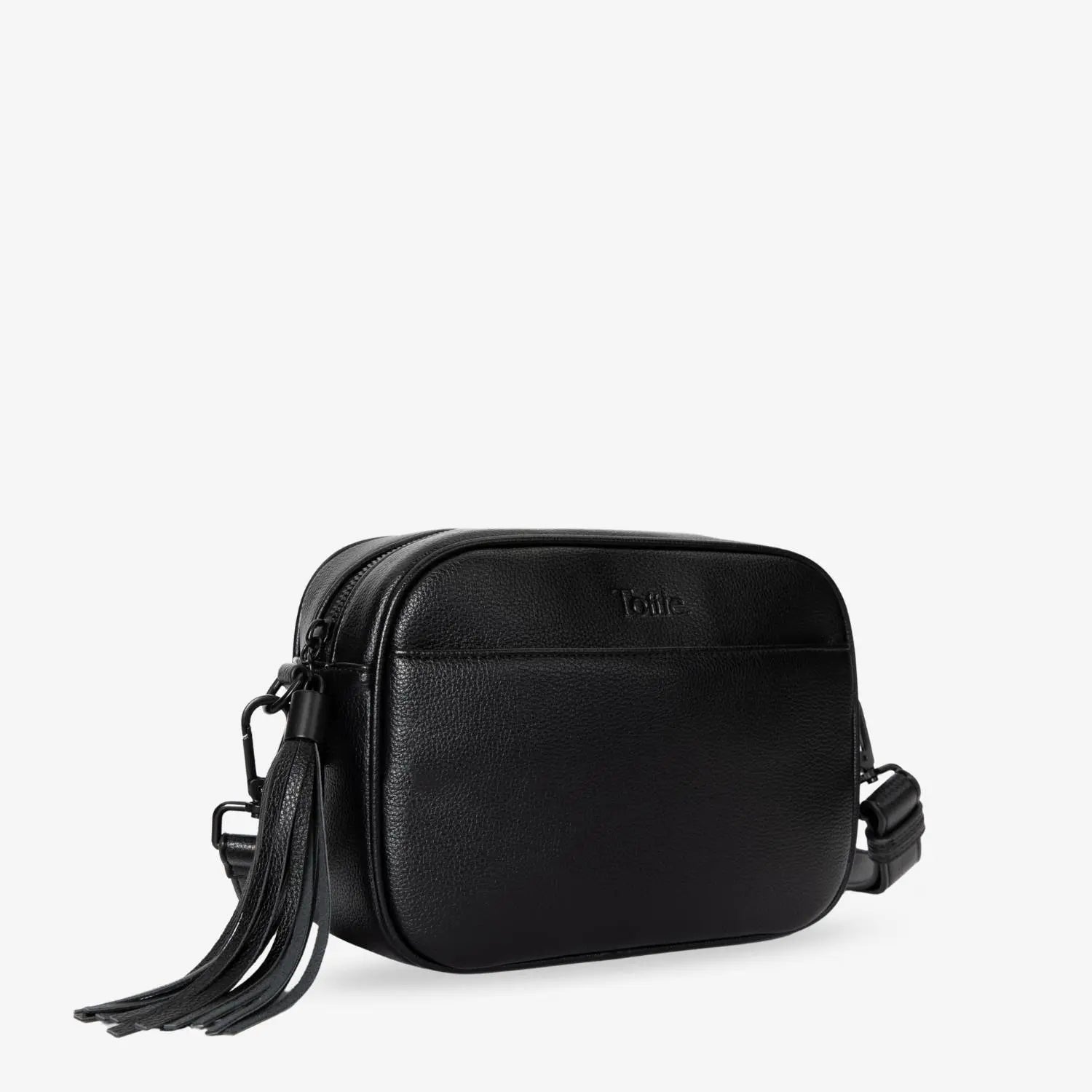 Close-up slight side angle of black crossbody bag with black-tone hardware – elegant and practical